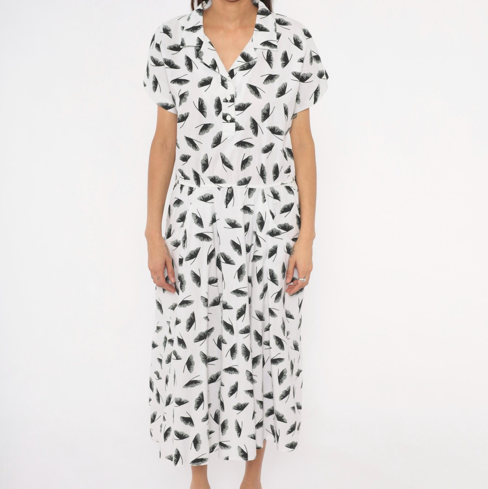 80s Lady Carol Feather Print Shirtdress White Black Cotton Midi Large L