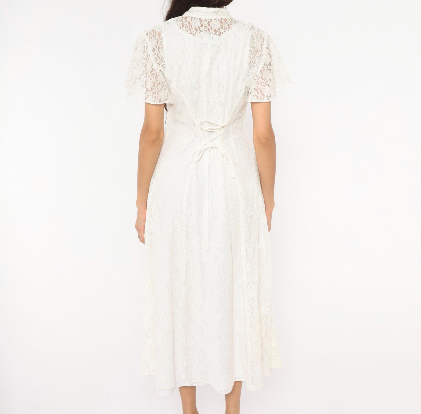 90s Jody White Lace Midi Dress Heart Cutout Mandarin Collar Small