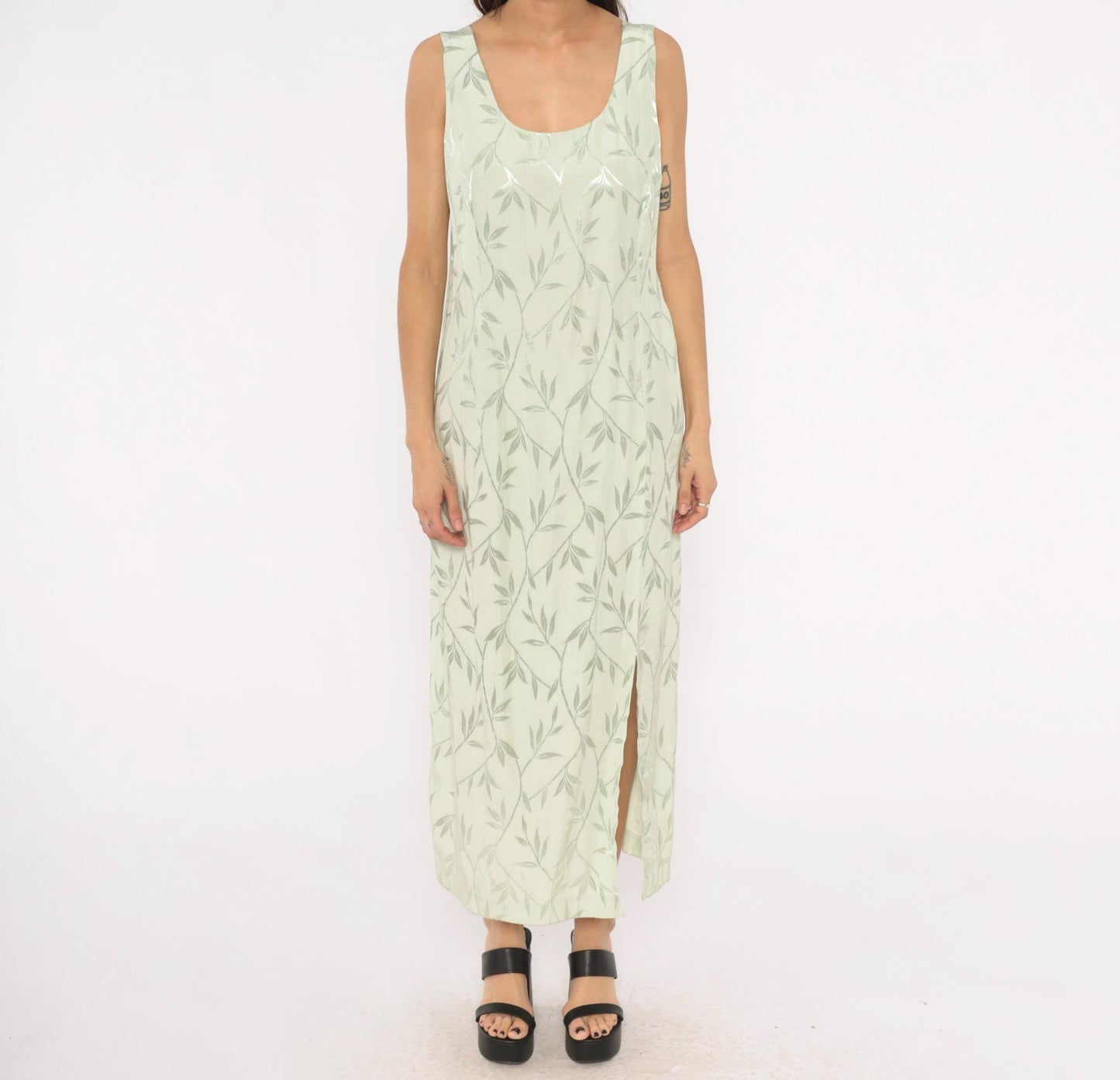 90s Sage Green Leaf Print Maxi Dress Sleeveless Scoop Neck Column Slit Ankle Large L