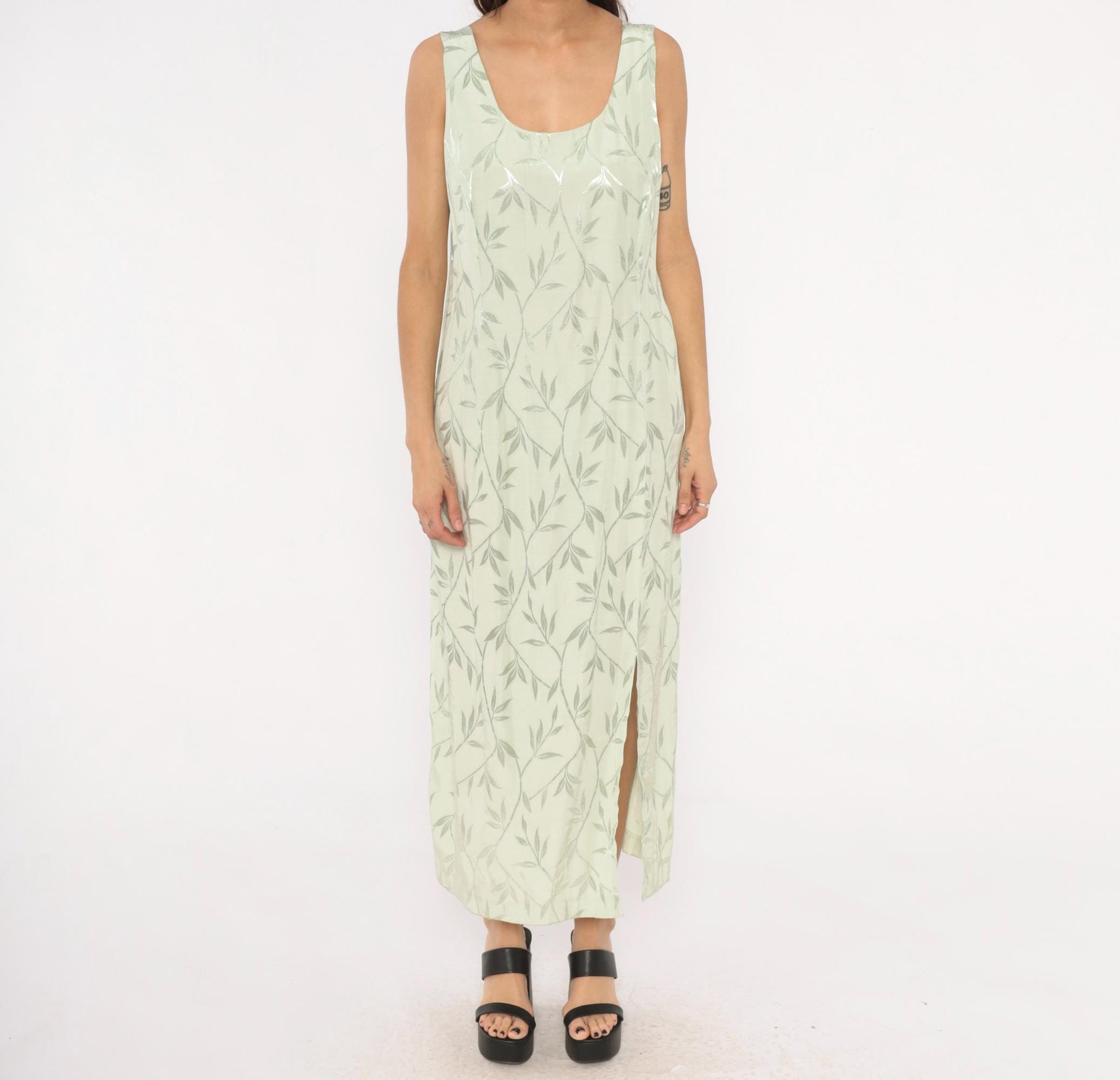 90s Sage Green Leaf Print Maxi Dress Sleeveless Scoop Neck Column Slit Ankle Large L