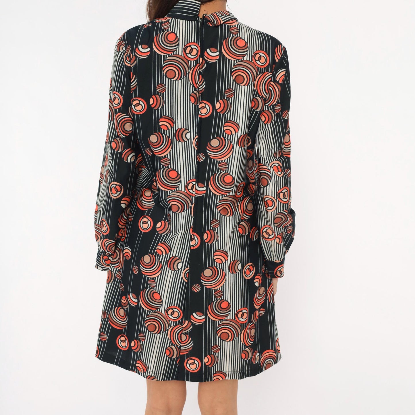 70s Geometric Circle Print Shift Dress Black Orange Pussy Bow Tie Neck Large L