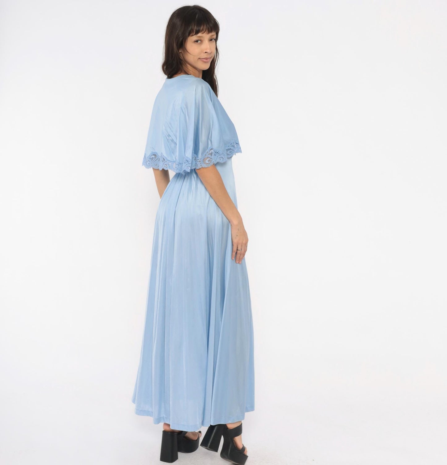 70s Lily of France Powder Blue Maxi Robe Wrap Nylon Lace Trim Small S