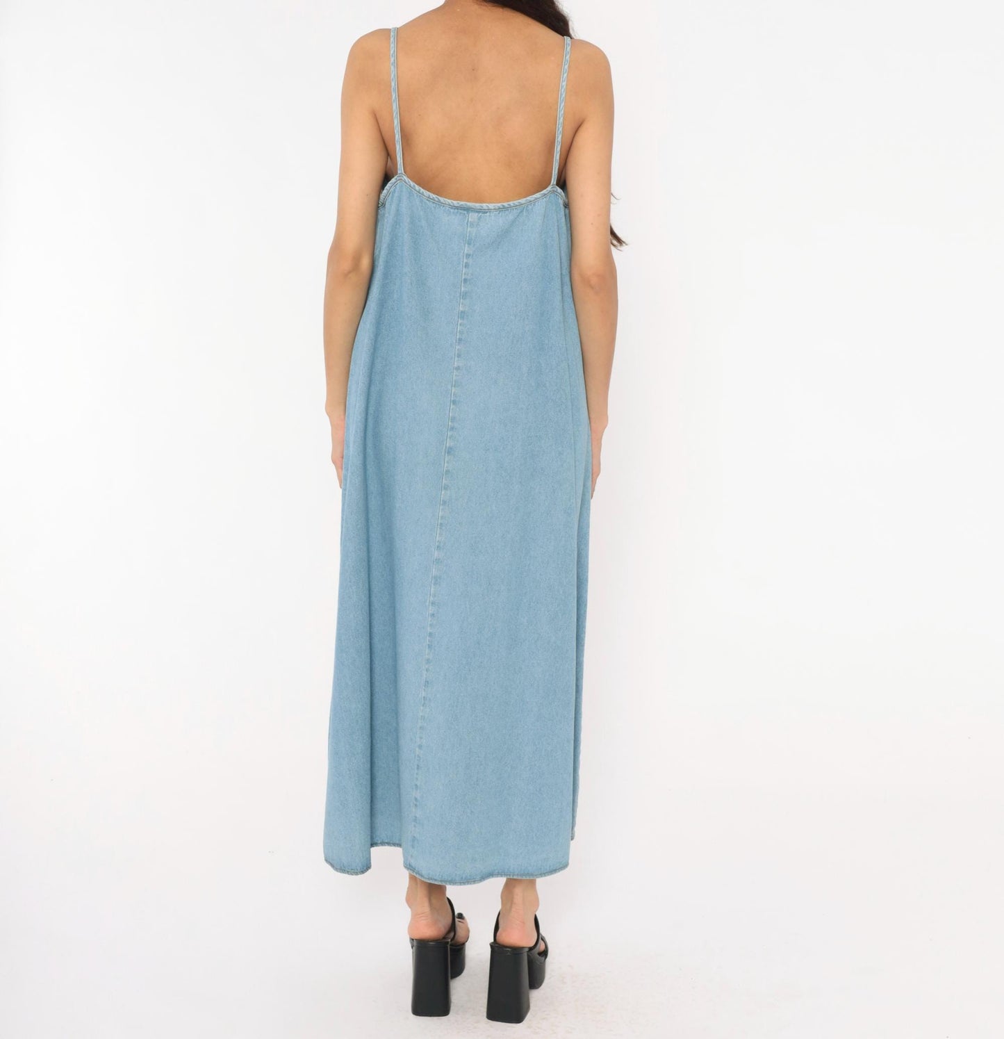 90s Kathie Lee Light Wash Denim Maxi Slip Dress Spaghetti Strap Medium