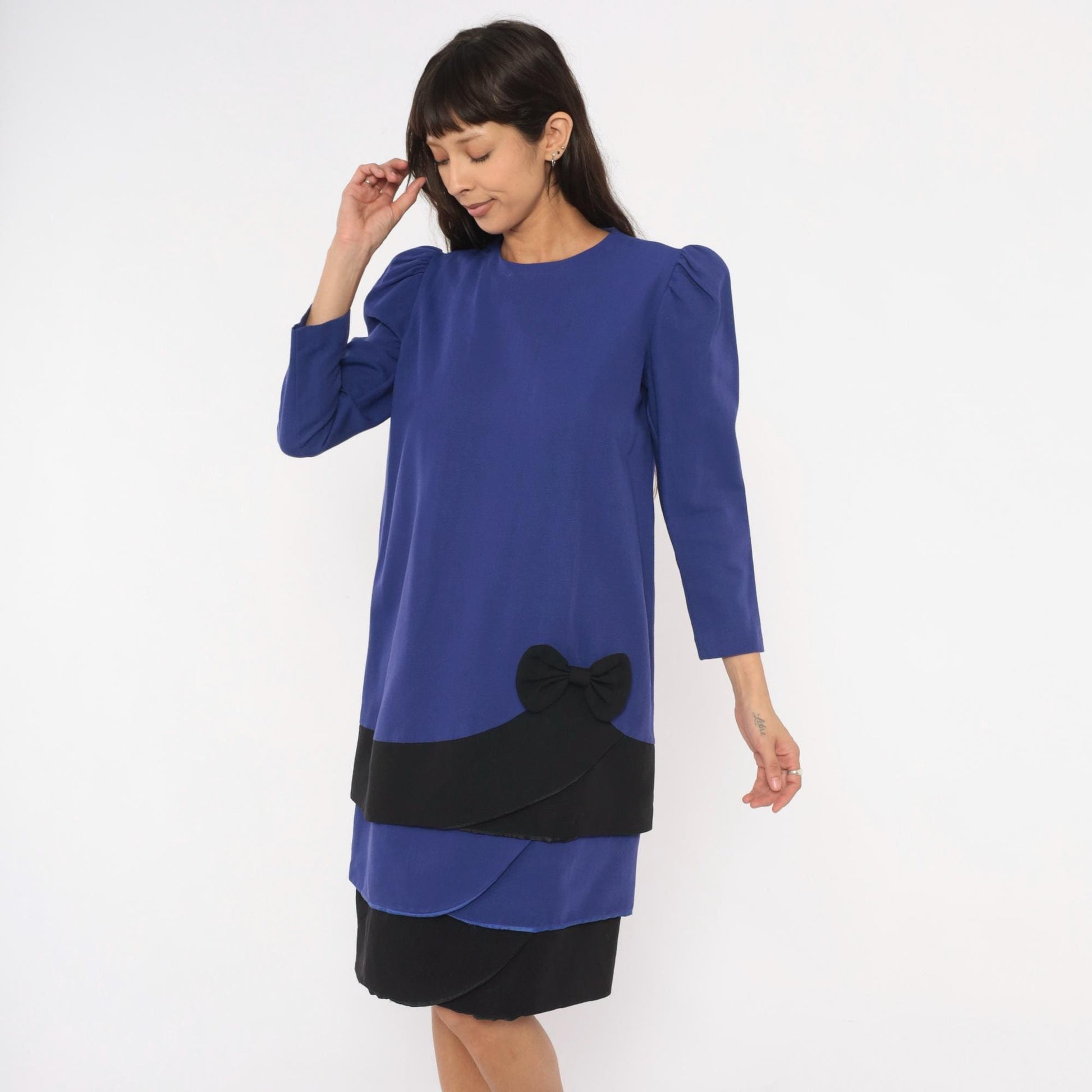 90s A Pea In The Pod Puff Sleeve Dress Purple Black Bow Knee Length Medium