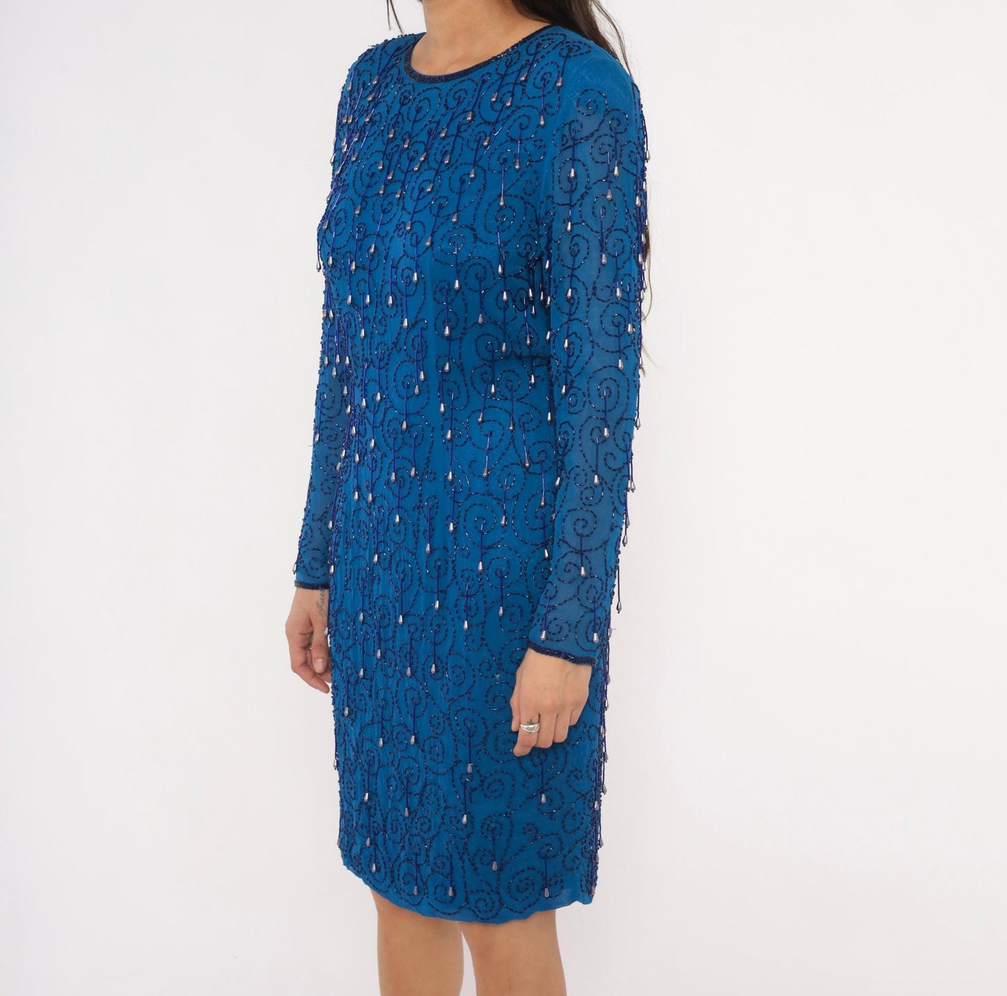 90s Cobalt Blue Beaded Knee-Length Dress Open Back Long Sleeve Large L