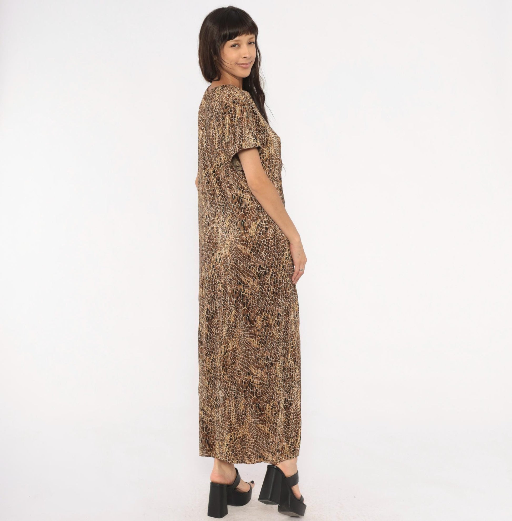 90s Scarlett Snakeskin Maxi Dress Brown Tan Black Animal Print Shift Extra Large