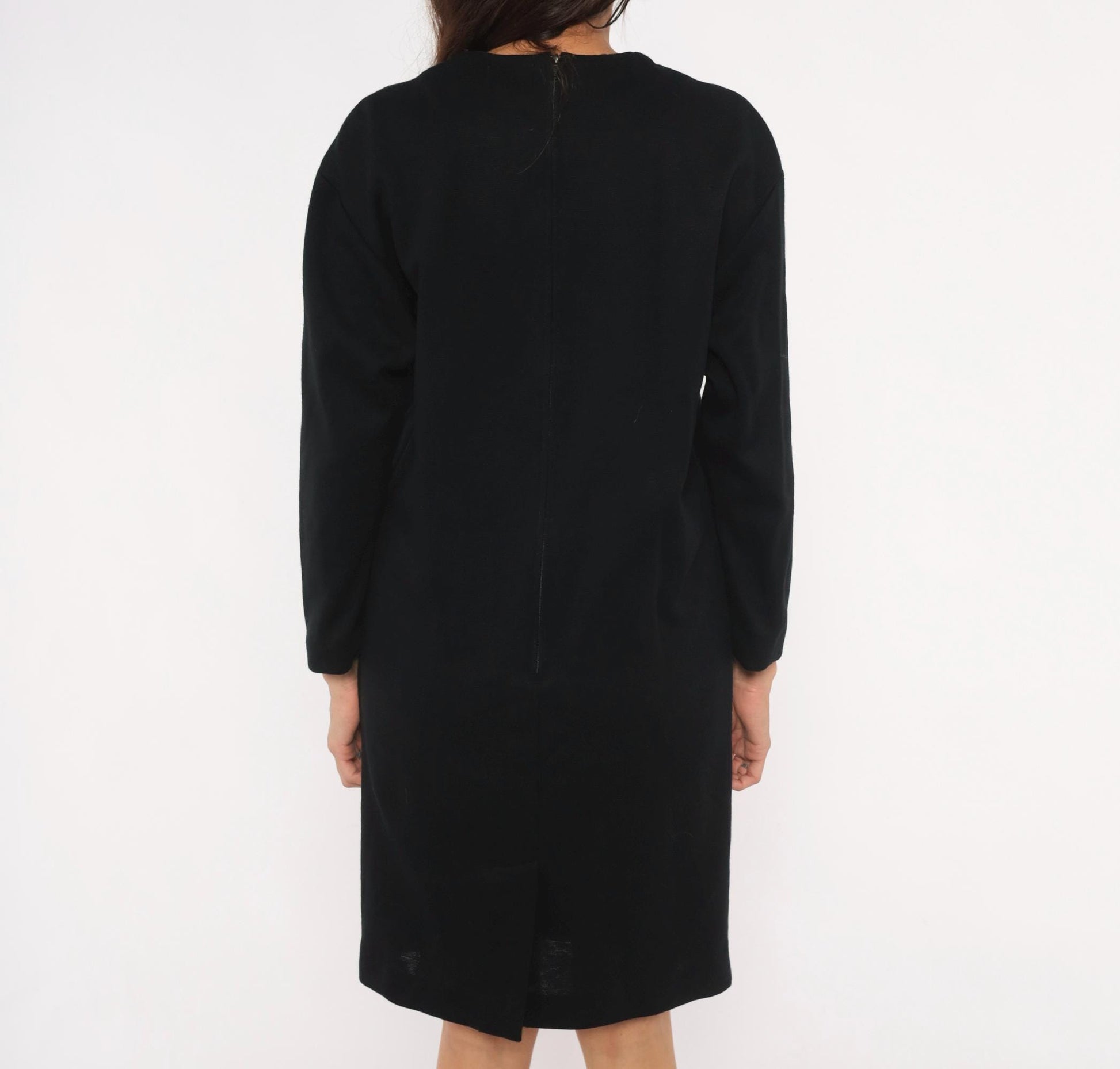 90s Positive Attitude Black Knit Dress Crew Neck Long Sleeve Knee-Length Large L
