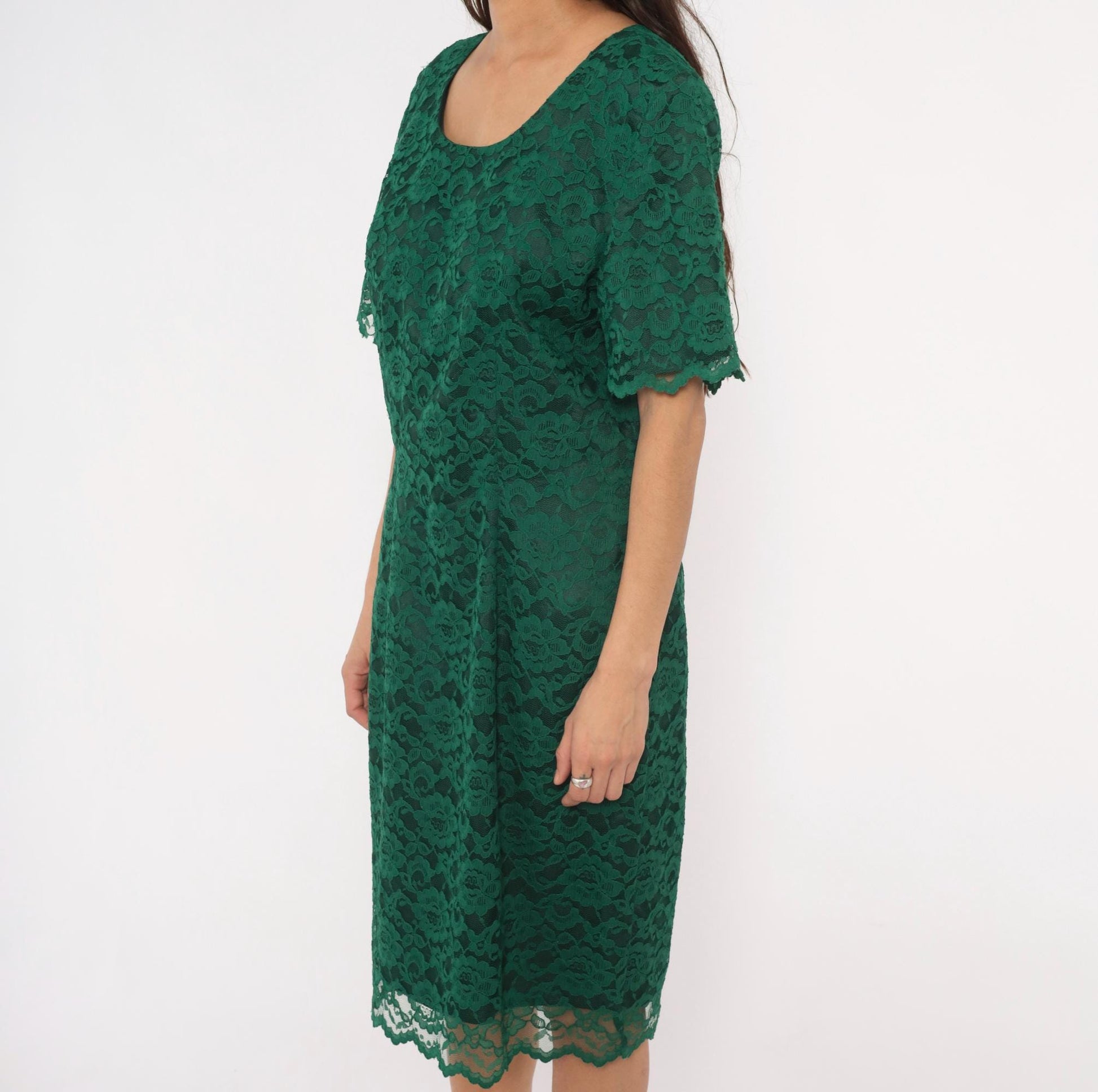 90s My Michelle Emerald Lace Dress Scalloped Hem Short Sleeve Knee-Length Extra Large