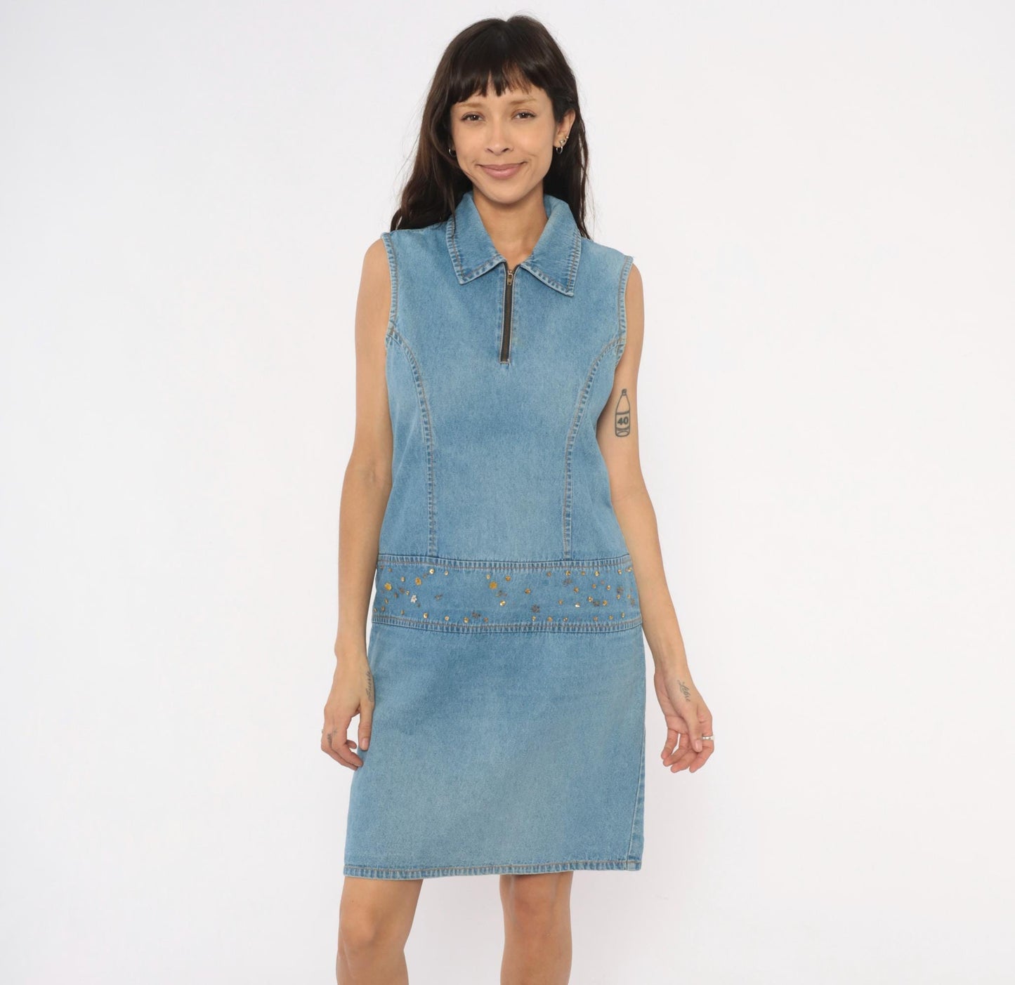 2000s Metrostyle Denim Mini Dress Sleeveless Collared Blue Chambray Sequin Medium