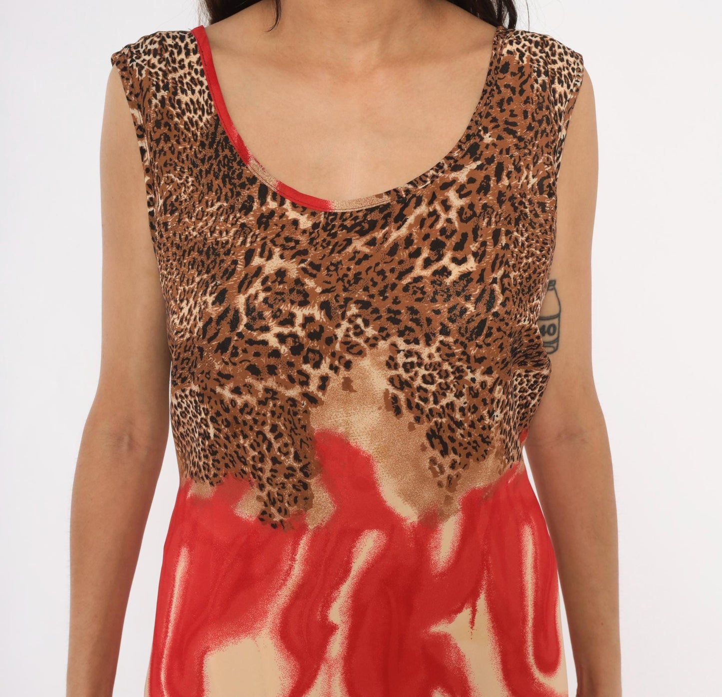 90s Leopard Flame Print Maxi Dress Sleeveless Scoop Neck Chiffon Tie Back XXL