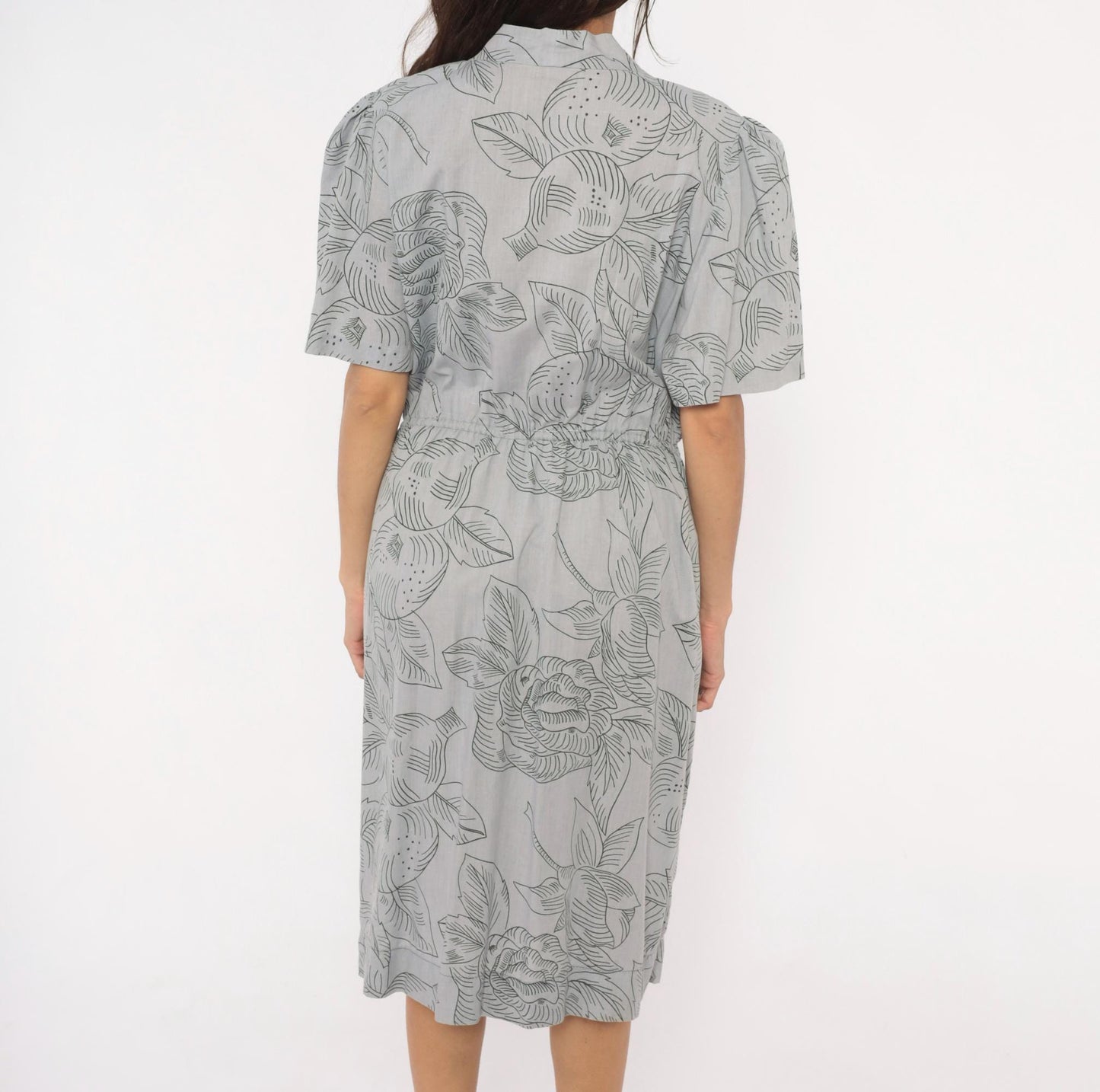80s Botanical Leaf Print Grey Cotton Tie Neck Dress Puff Sleeve Small Medium