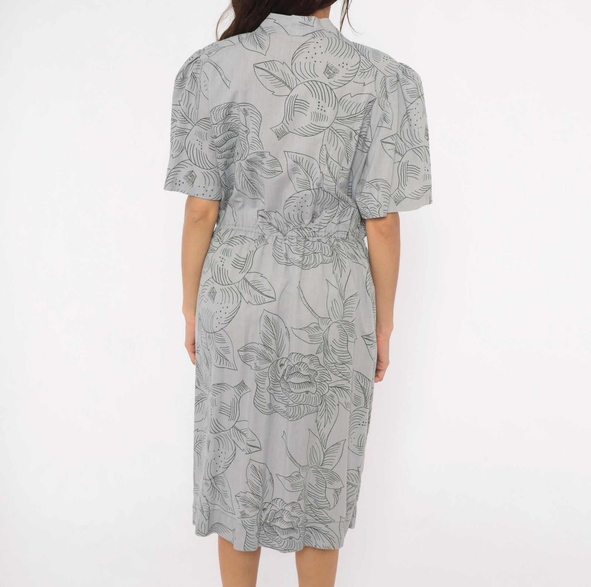 80s Botanical Leaf Print Grey Cotton Tie Neck Dress Puff Sleeve Small Medium