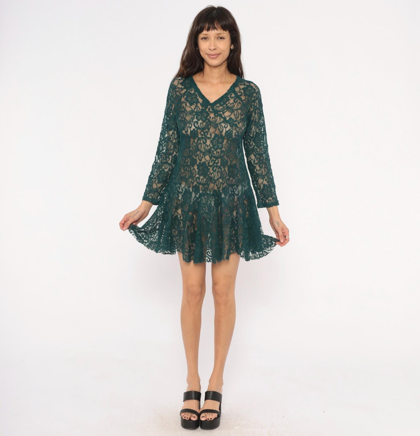 90s Adore Forest Green Lace Mini Dress V Neck Long Sleeve A Line Medium M
