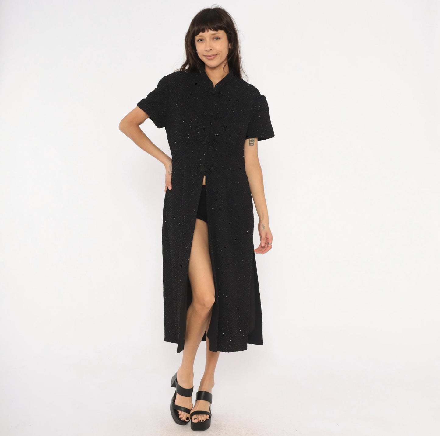 90s R&M Richards Black Glitter Cheongsam Midi Dress Frog Closure Mandarin Collar Extra Large