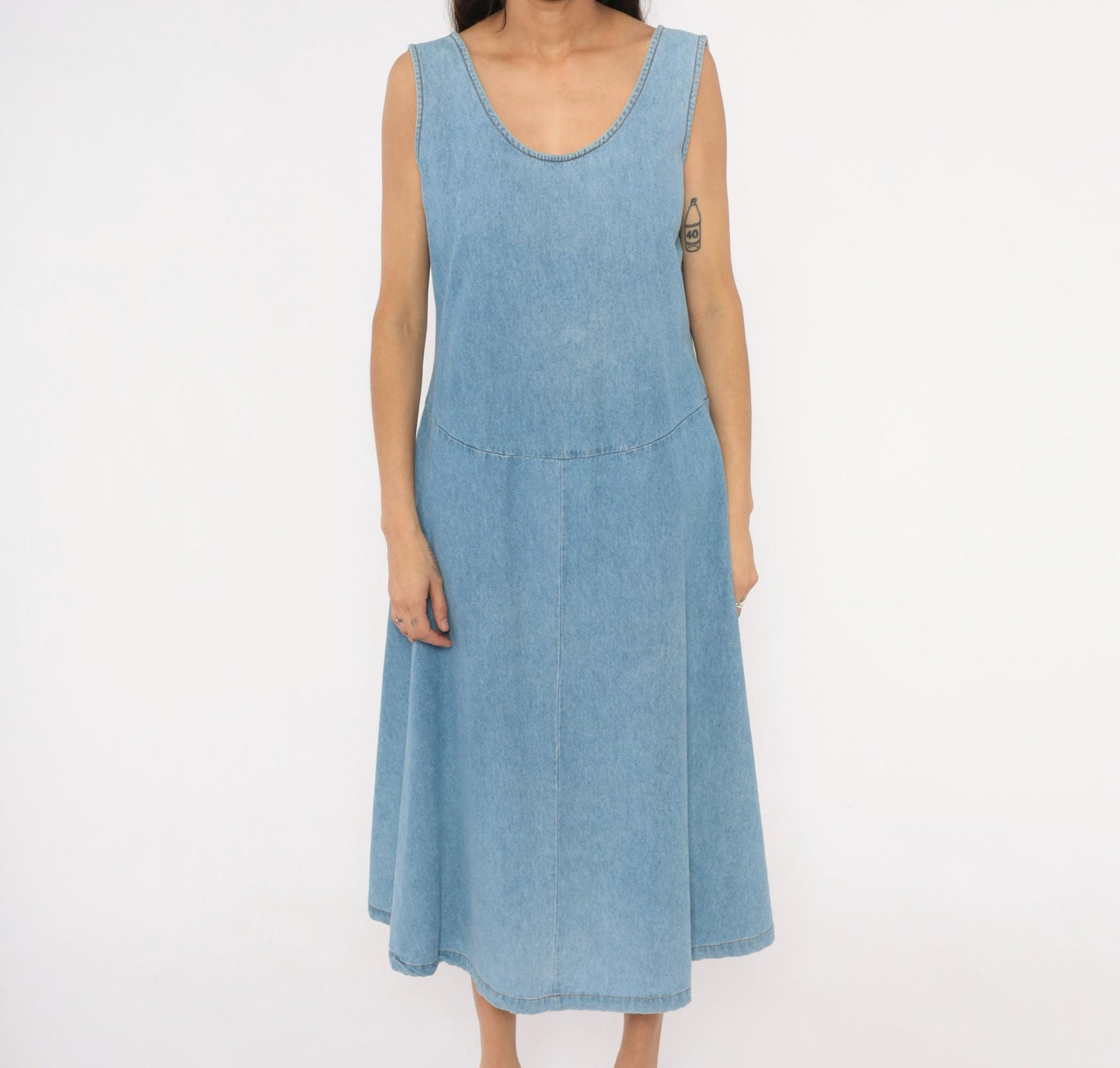 90s Splendid Light Blue Denim Midi Sundress Open Back Medium M