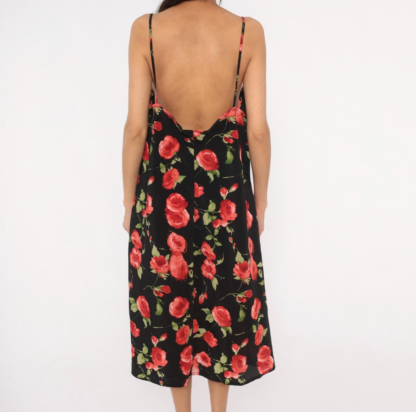 90s Chesley Rose Print Slip Dress Black Midi Spaghetti Strap Open Back Extra Large