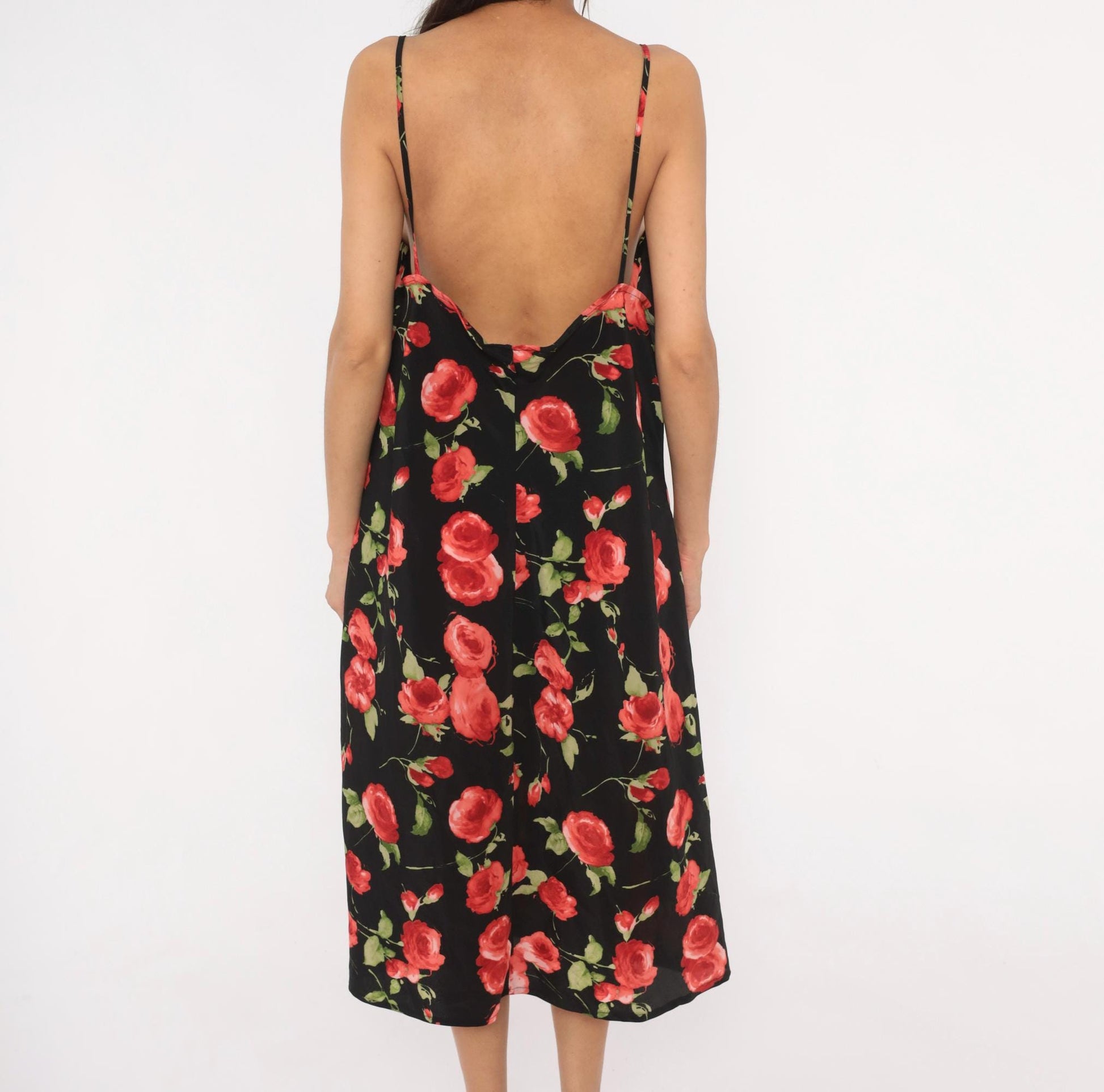 90s Chesley Rose Print Slip Dress Black Midi Spaghetti Strap Open Back Extra Large