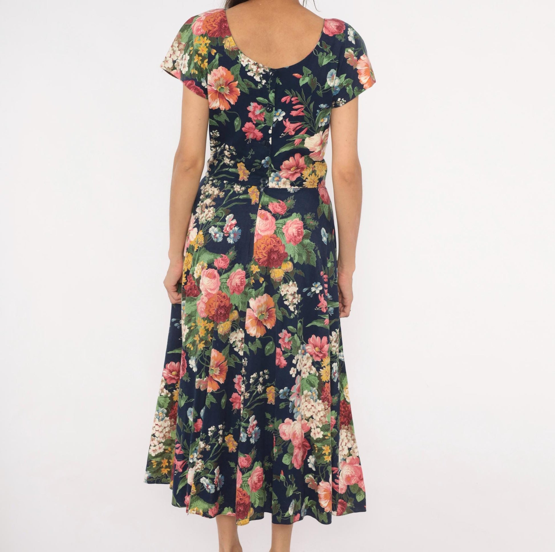 90s E.D. Michaels Floral Midi Dress Navy Cotton Garden Print Scoop Back Small