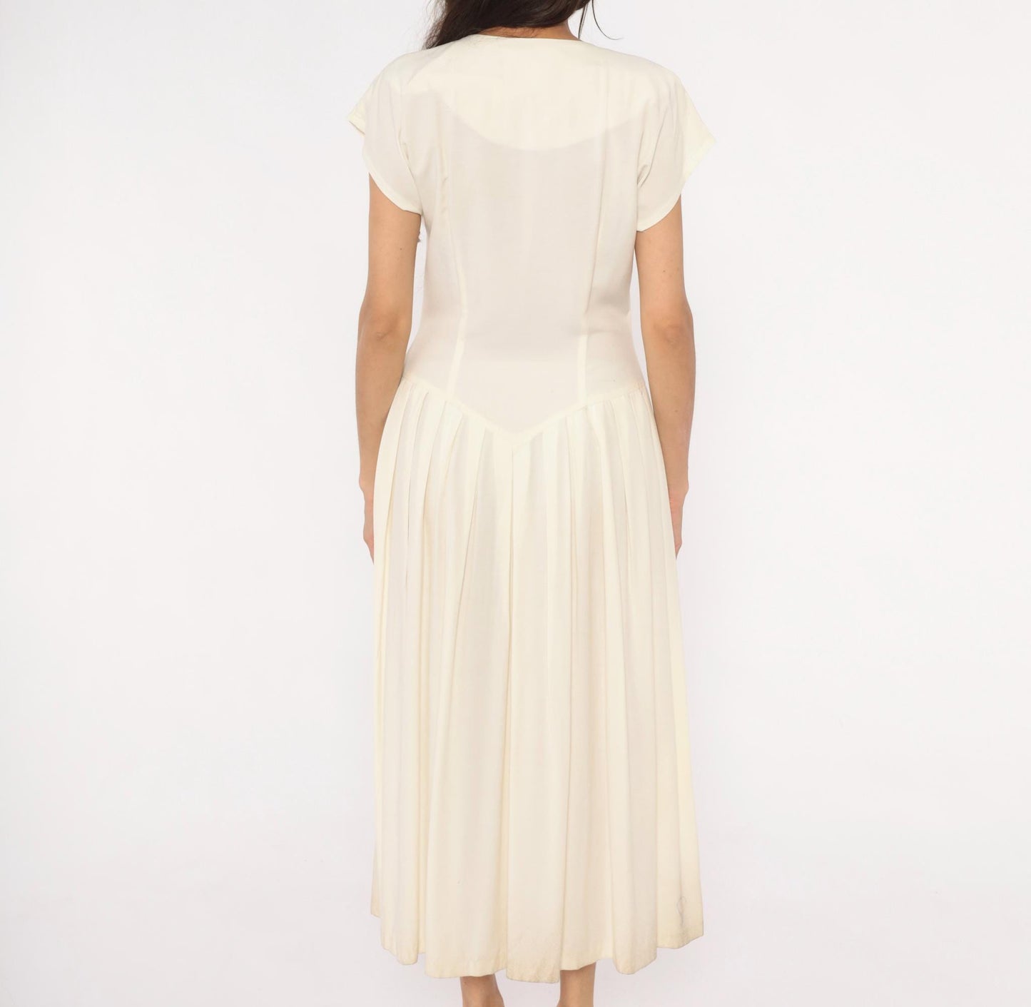 90s Jlt Soutache Embroidered Maxi Dress Cream Button Front Cap Sleeve Medium M