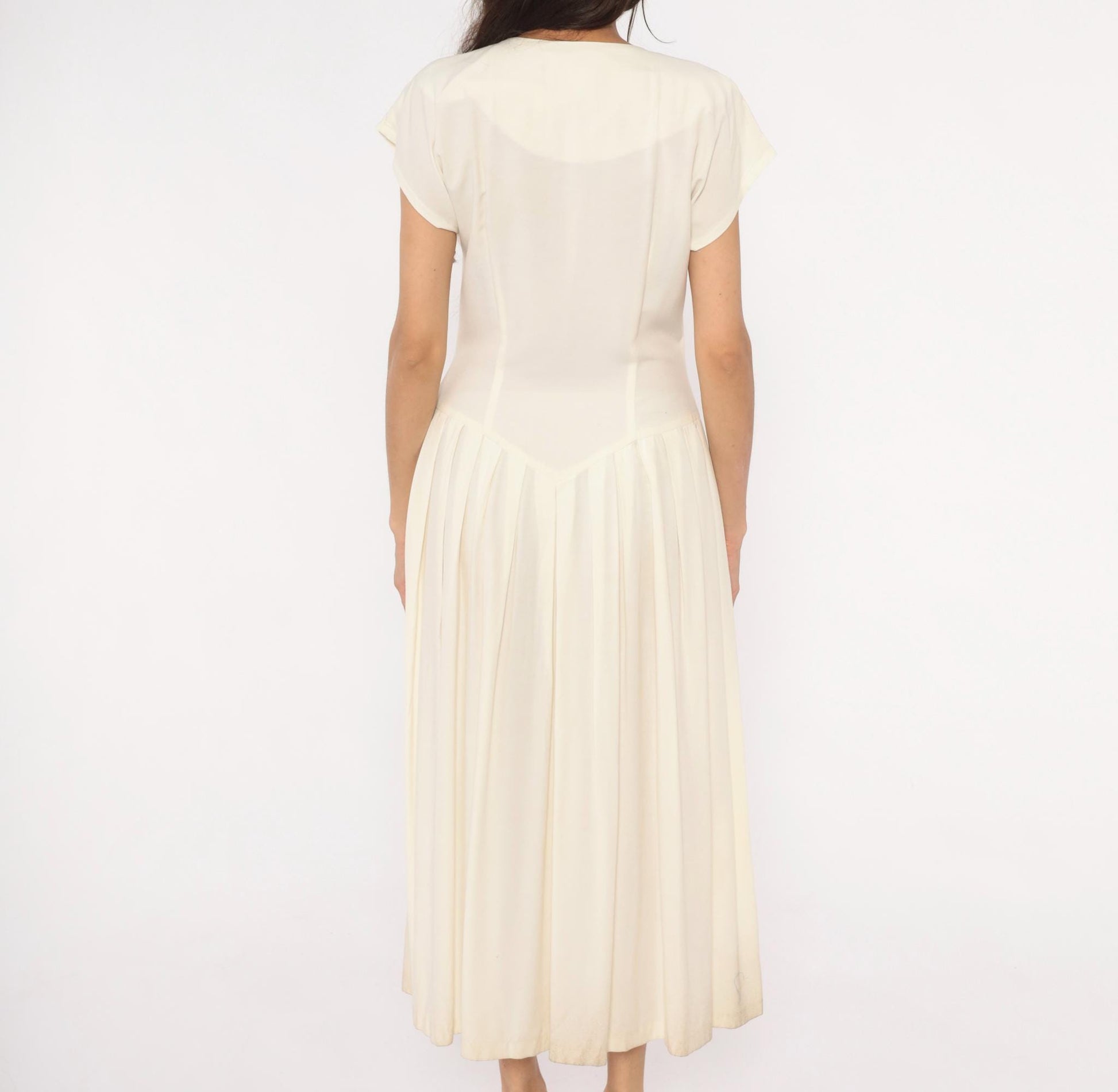 90s Jlt Soutache Embroidered Maxi Dress Cream Button Front Cap Sleeve Medium M