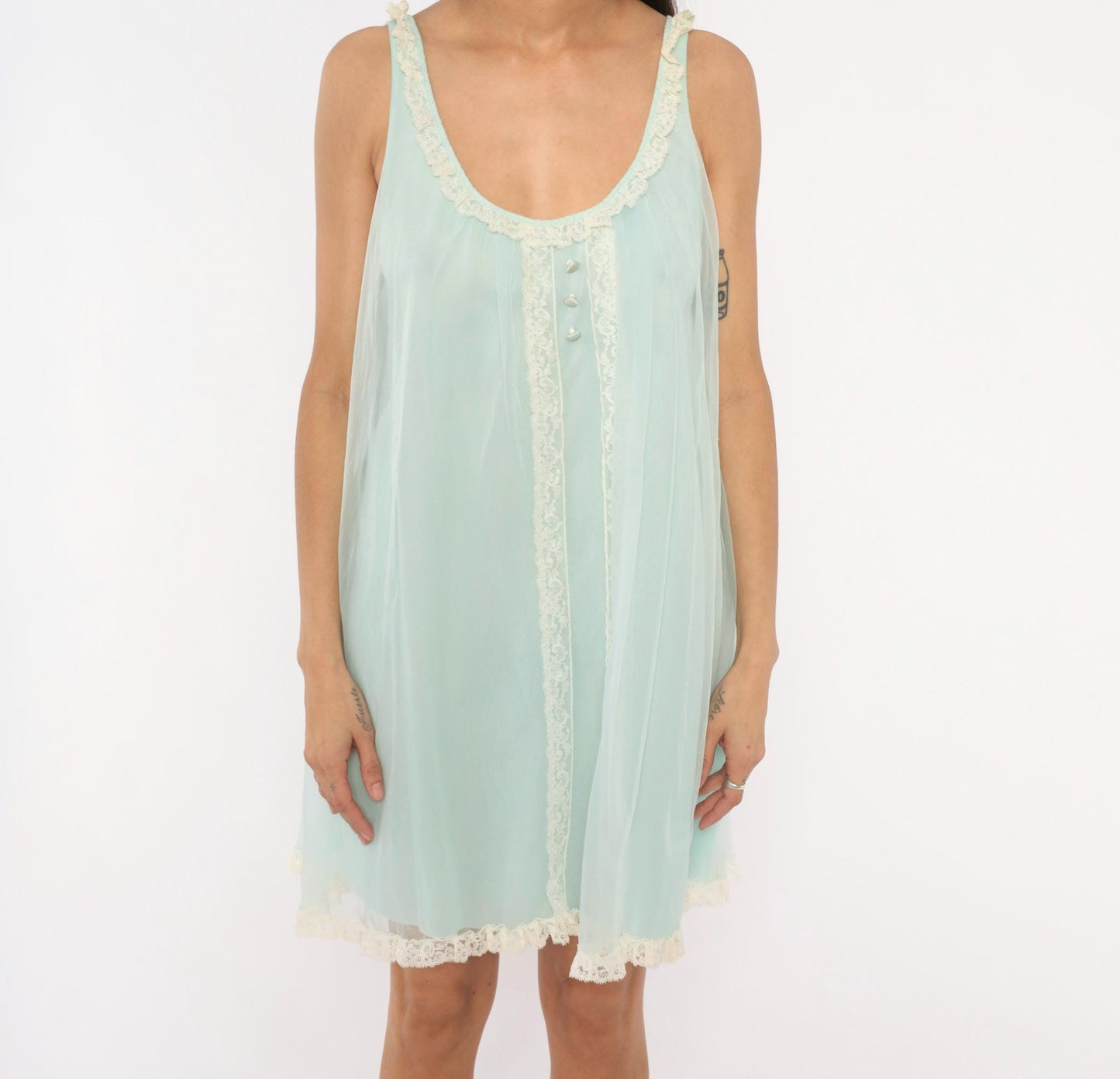 70s Seafoam Babydoll Nightgown Lace Trim Sheer Chiffon Mint Green Mini Medium