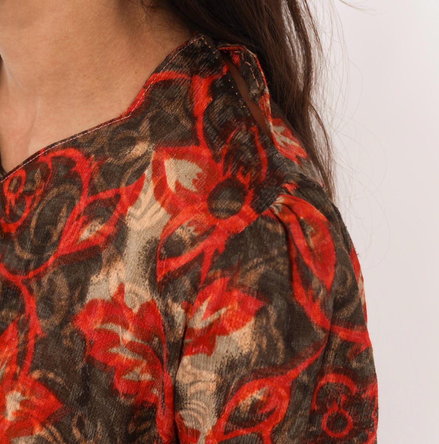 90s Floral Vine Dress Red Brown Scrolling Leaf Print V Neck Puff Shoulder Small S