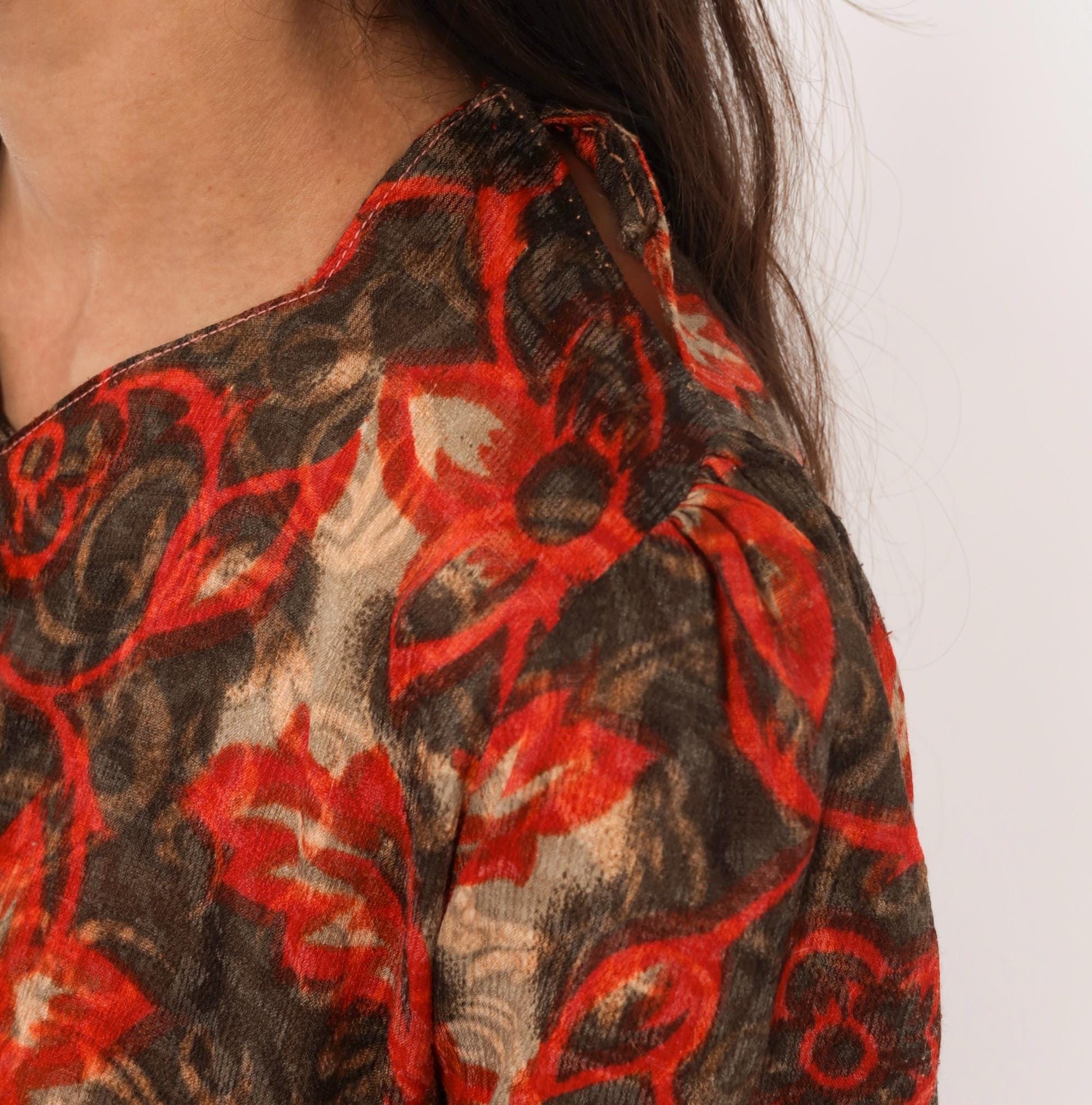 90s Floral Vine Dress Red Brown Scrolling Leaf Print V Neck Puff Shoulder Small S