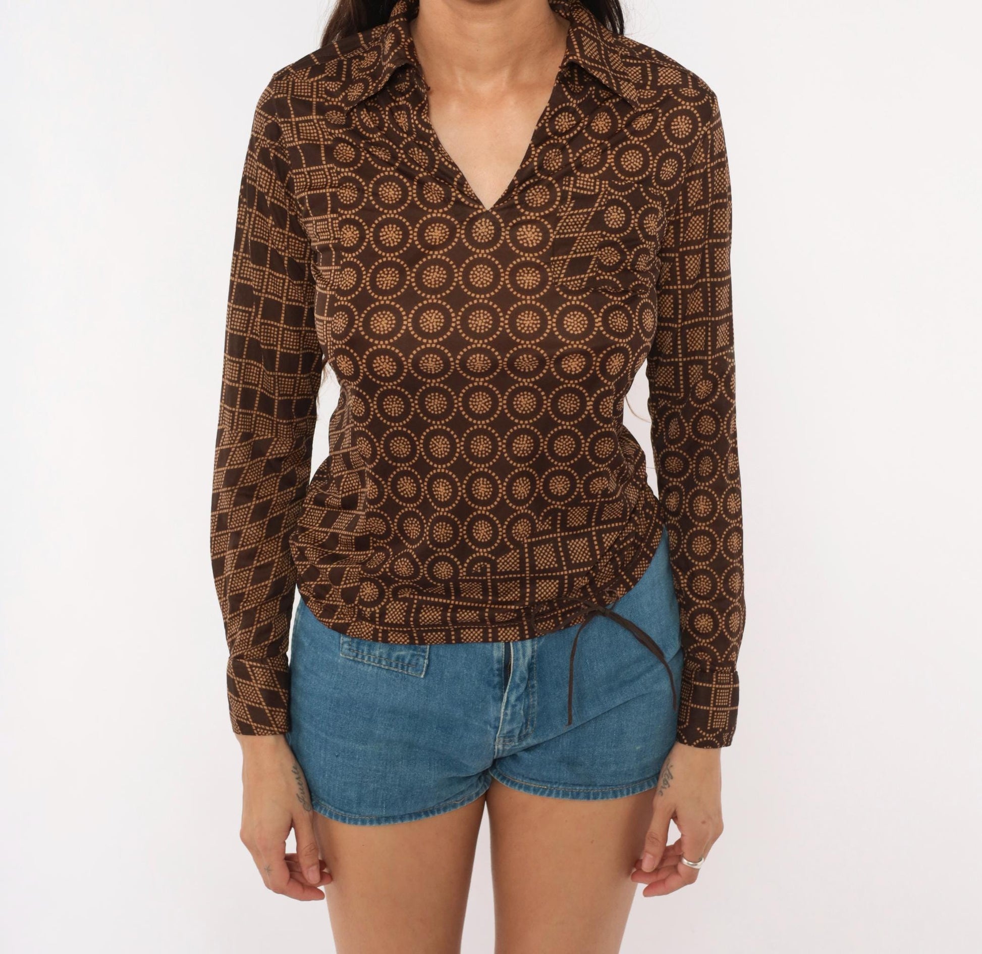 70s Esprit Geometric Dot Print Blouse Brown Tan V Neck Pullover Small