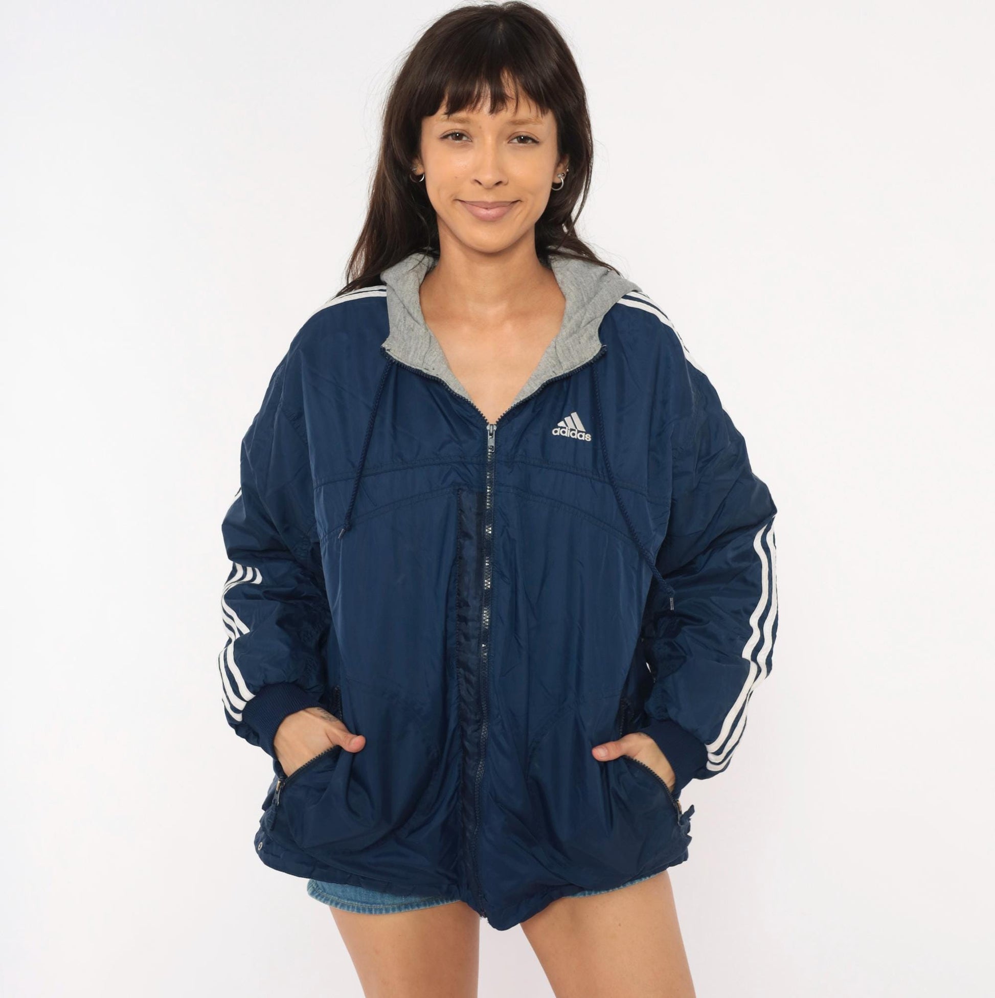 90s Adidas Reversible Windbreaker Hoodie Navy Grey Three Stripe Jacket Large L
