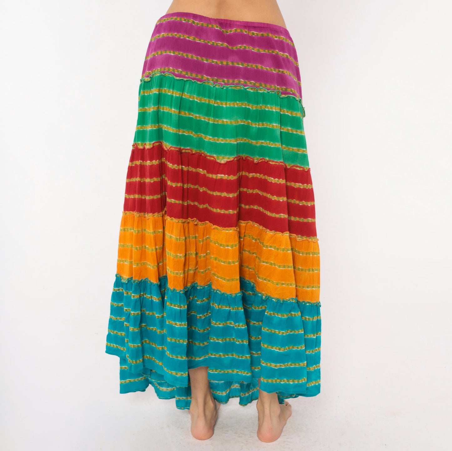 90s Rainbow Broomstick Maxi Skirt Tiered Striped Cotton Crinkled Extra Large XL