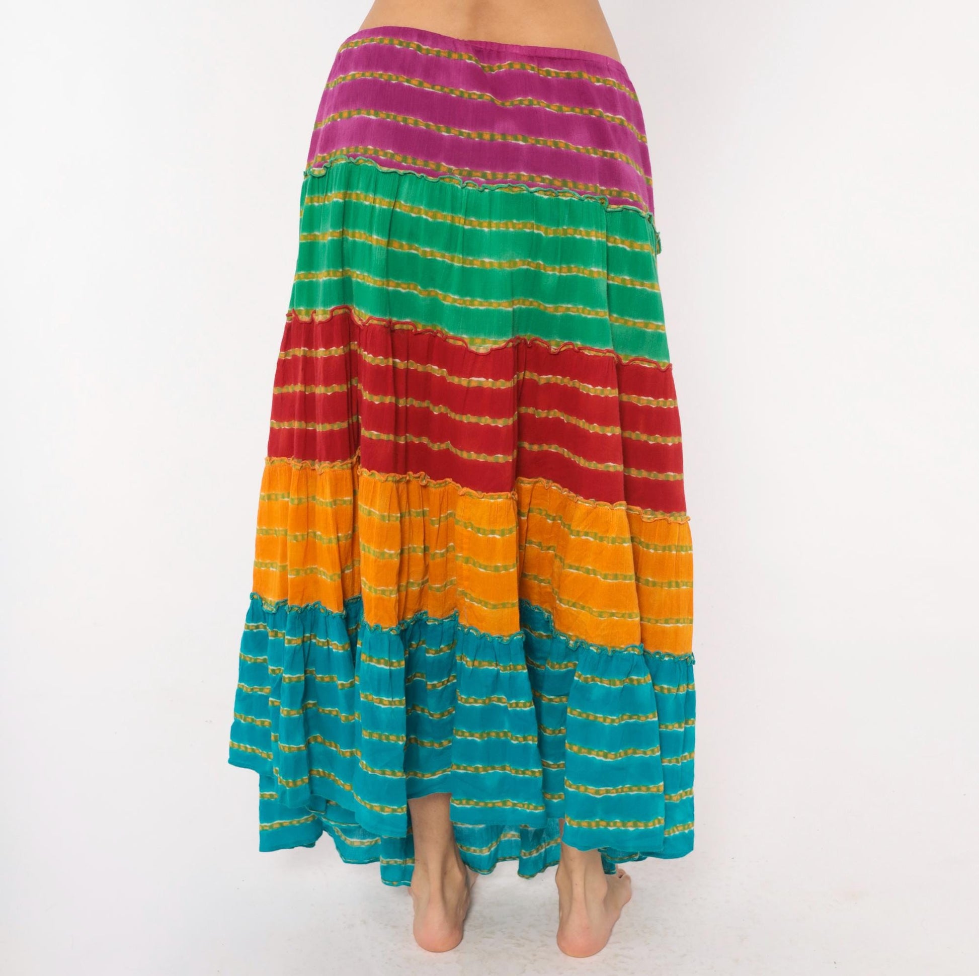 90s Rainbow Broomstick Maxi Skirt Tiered Striped Cotton Crinkled Extra Large XL