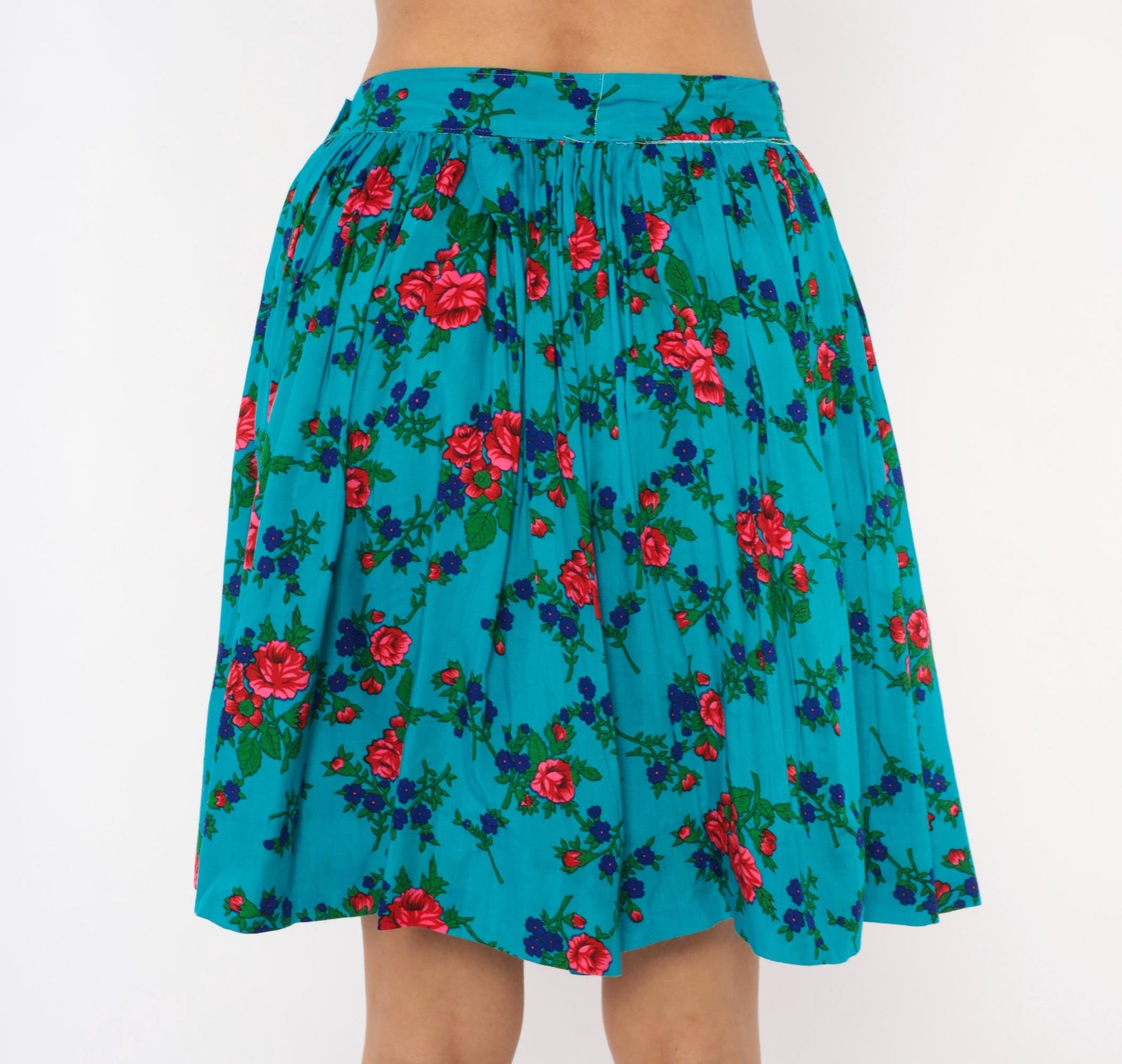70s Teal Floral Cotton Mini Skirt High-Waisted A-Line Button Back Small S