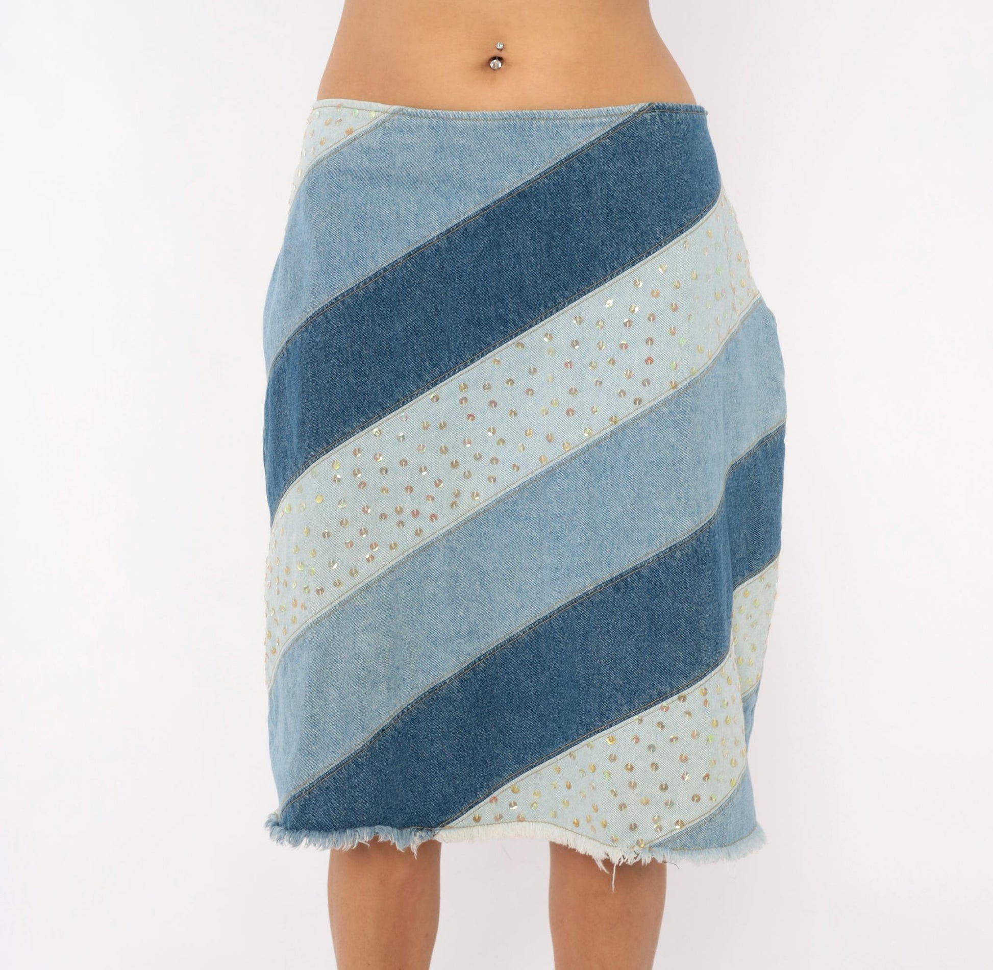 Y2K Avenue Blues Patchwork Denim Skirt Sequin Embellished Knee Length Extra Large