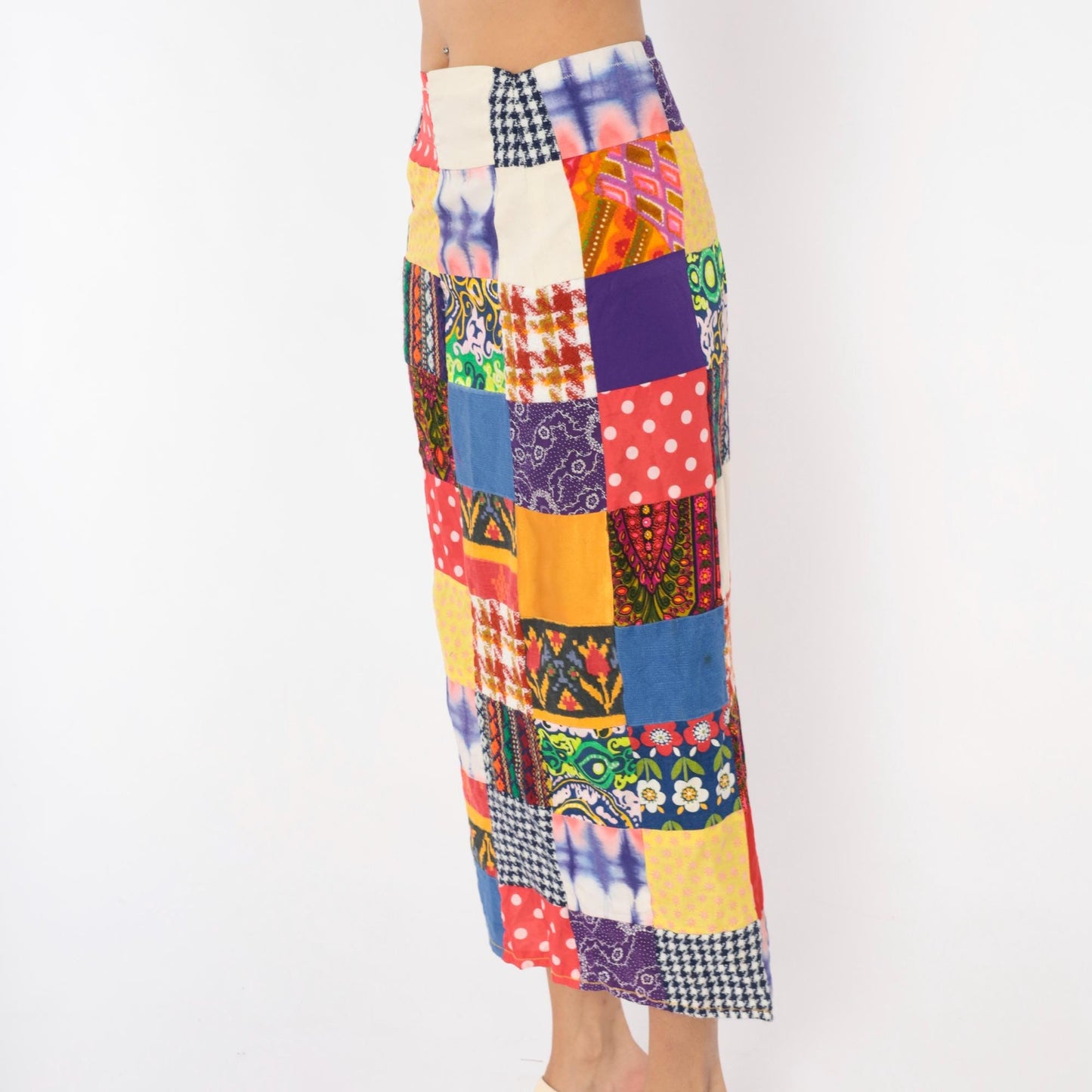 70s Patchwork Midi Skirt Quilted Multicolor High Waist Pencil Small
