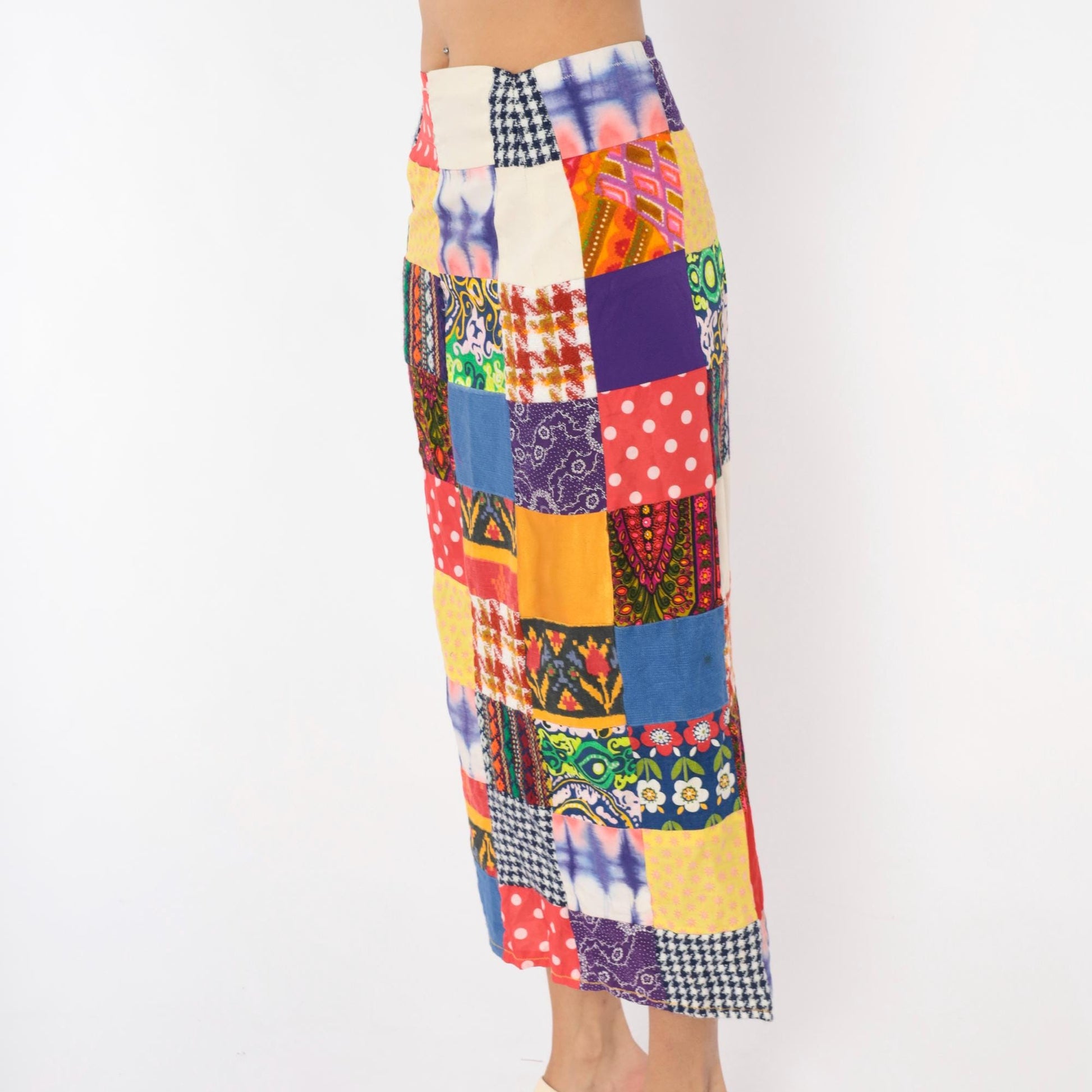 70s Patchwork Midi Skirt Quilted Multicolor High Waist Pencil Small