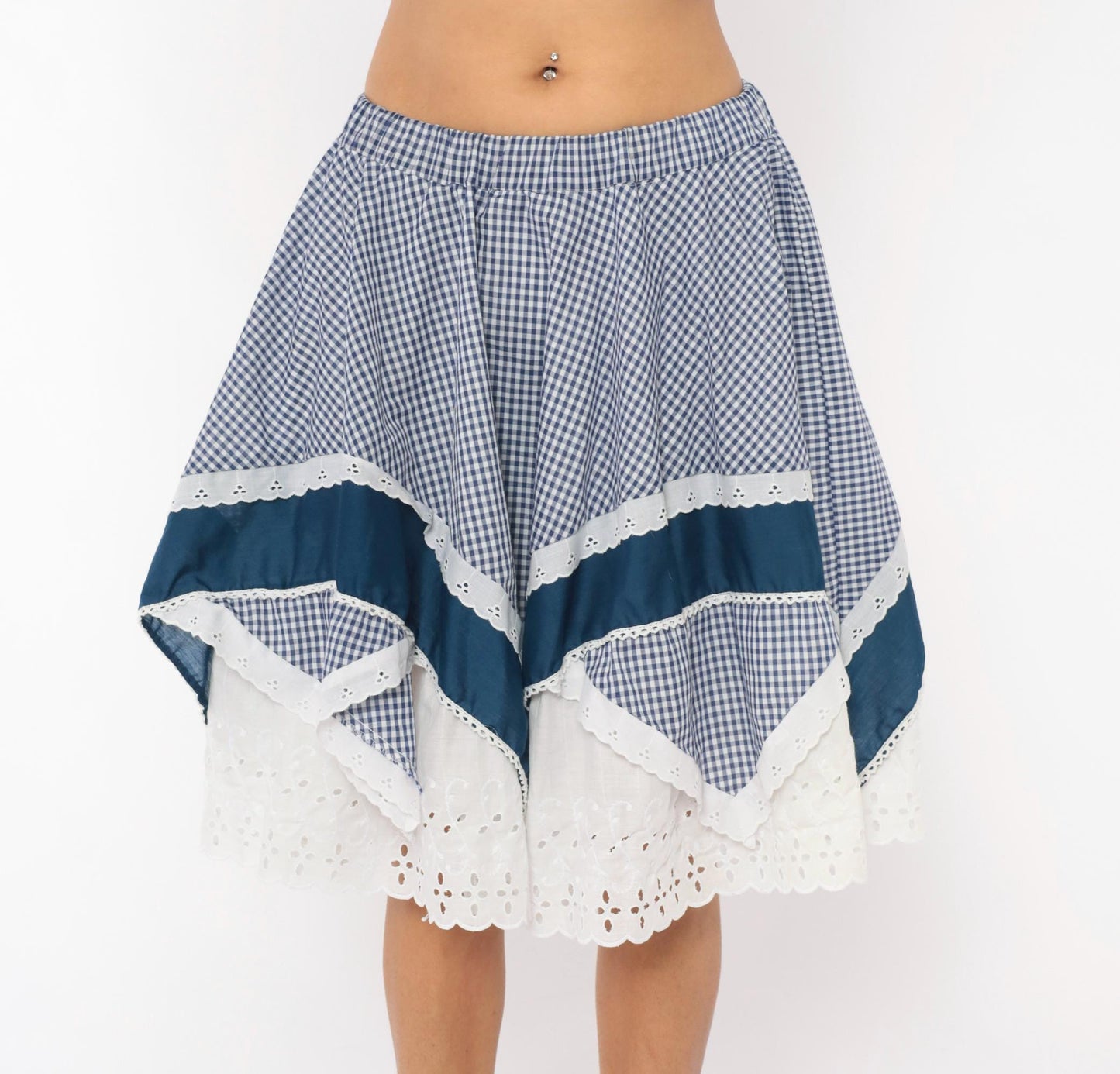 80s Jeri Bee Gingham Circle Skirt Blue White Eyelet Lace Trim Small