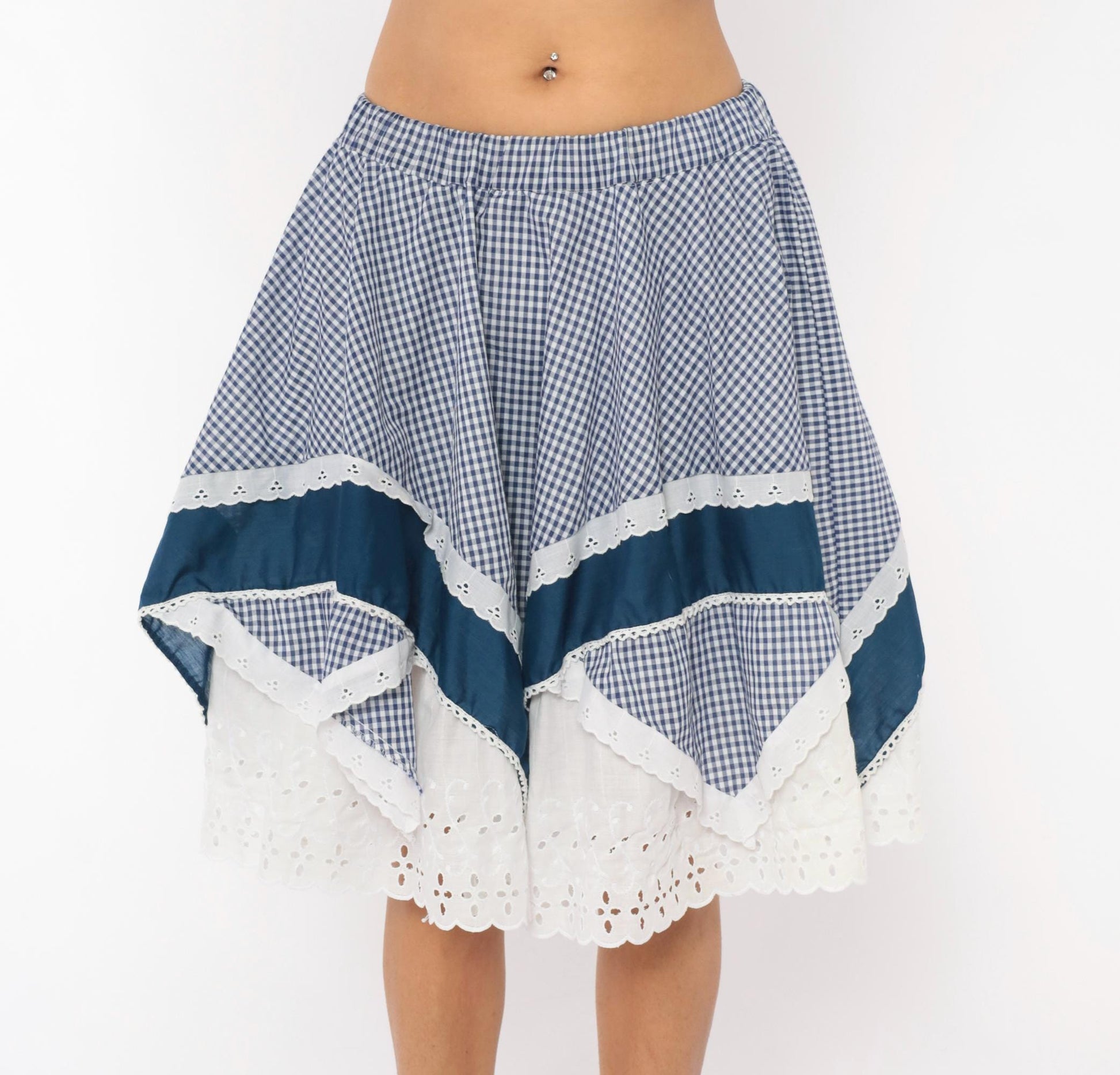 80s Jeri Bee Gingham Circle Skirt Blue White Eyelet Lace Trim Small
