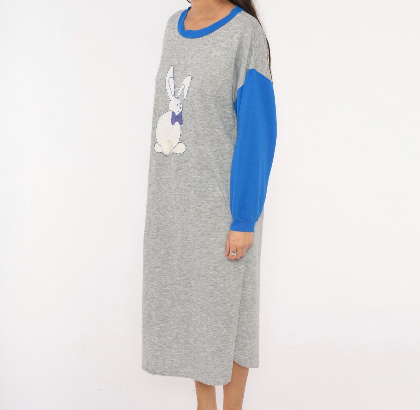80s Kimberly Laine Bunny Applique Nightgown Grey Blue Colorblock Midi Large L