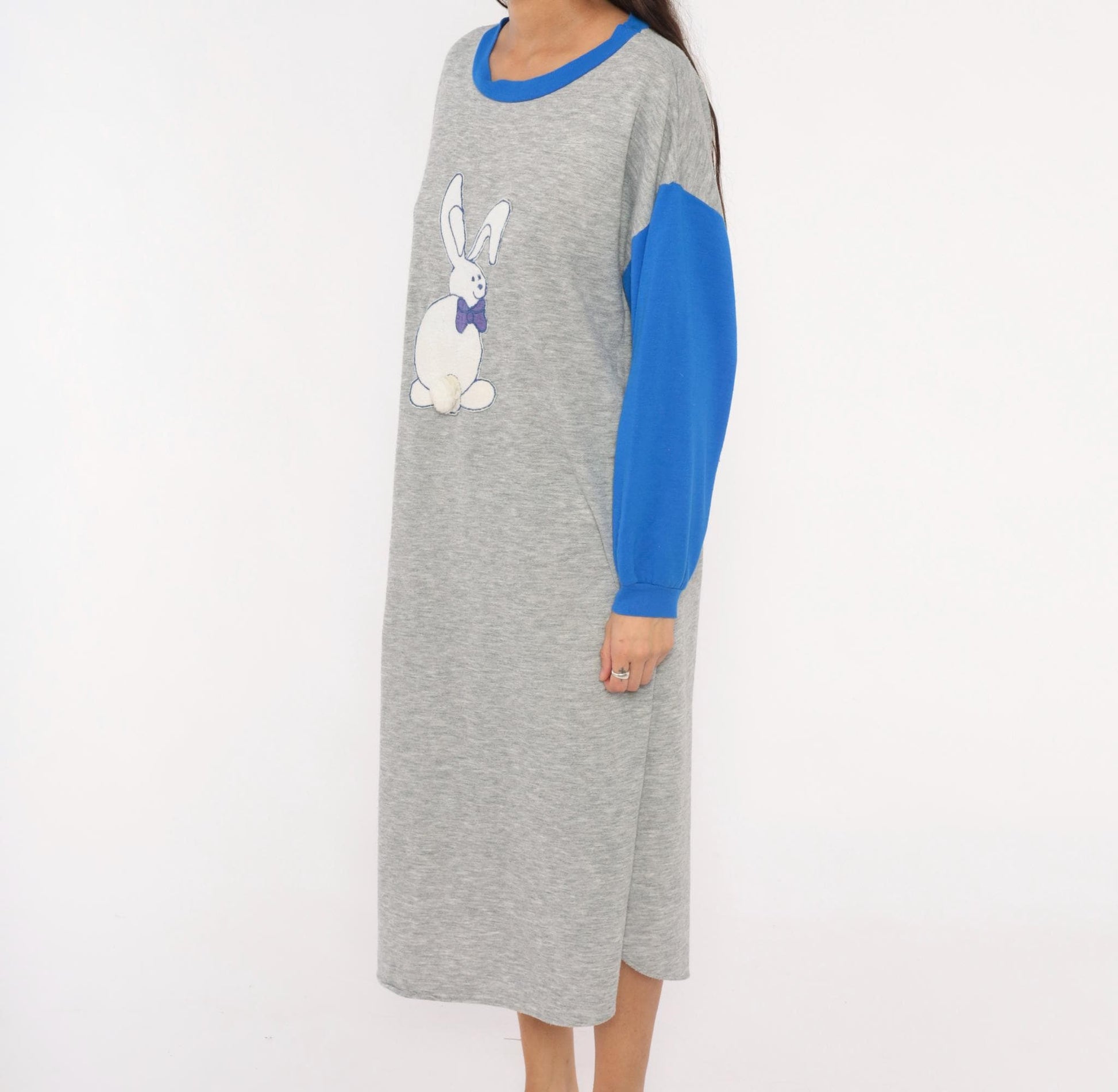80s Kimberly Laine Bunny Applique Nightgown Grey Blue Colorblock Midi Large L