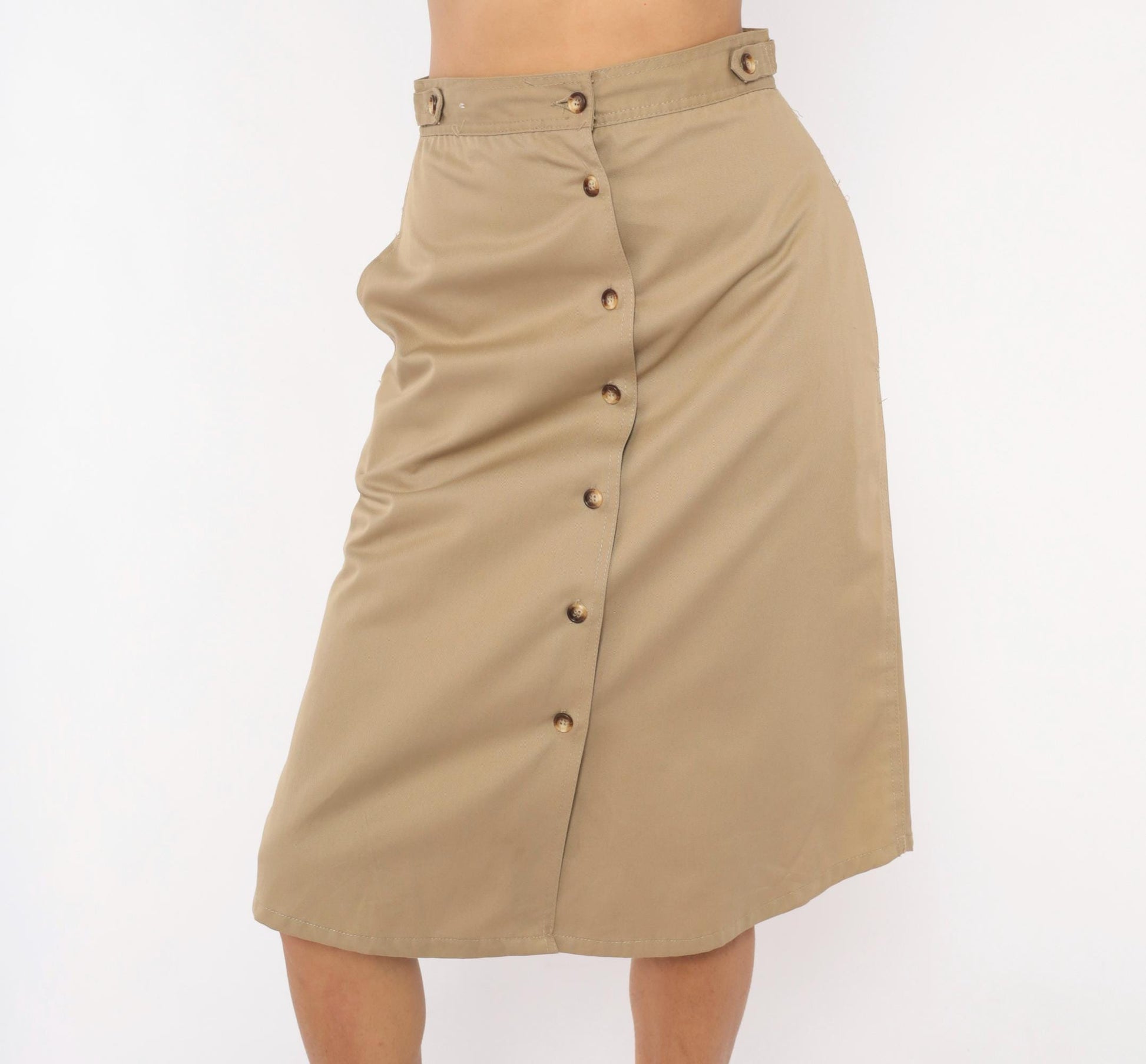 80s Bear It Khaki A-Line Midi Skirt Button Front Cotton Tan Small S