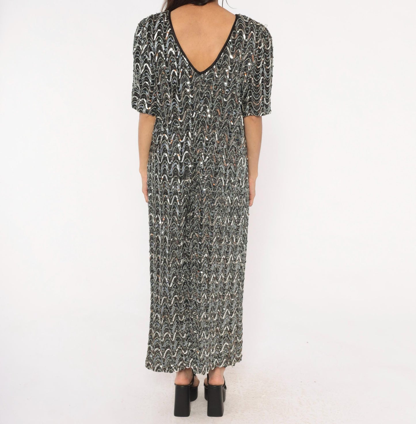 90s Erica Scott Silver Sequin Maxi Dress Chevron Black Plus Size XXL