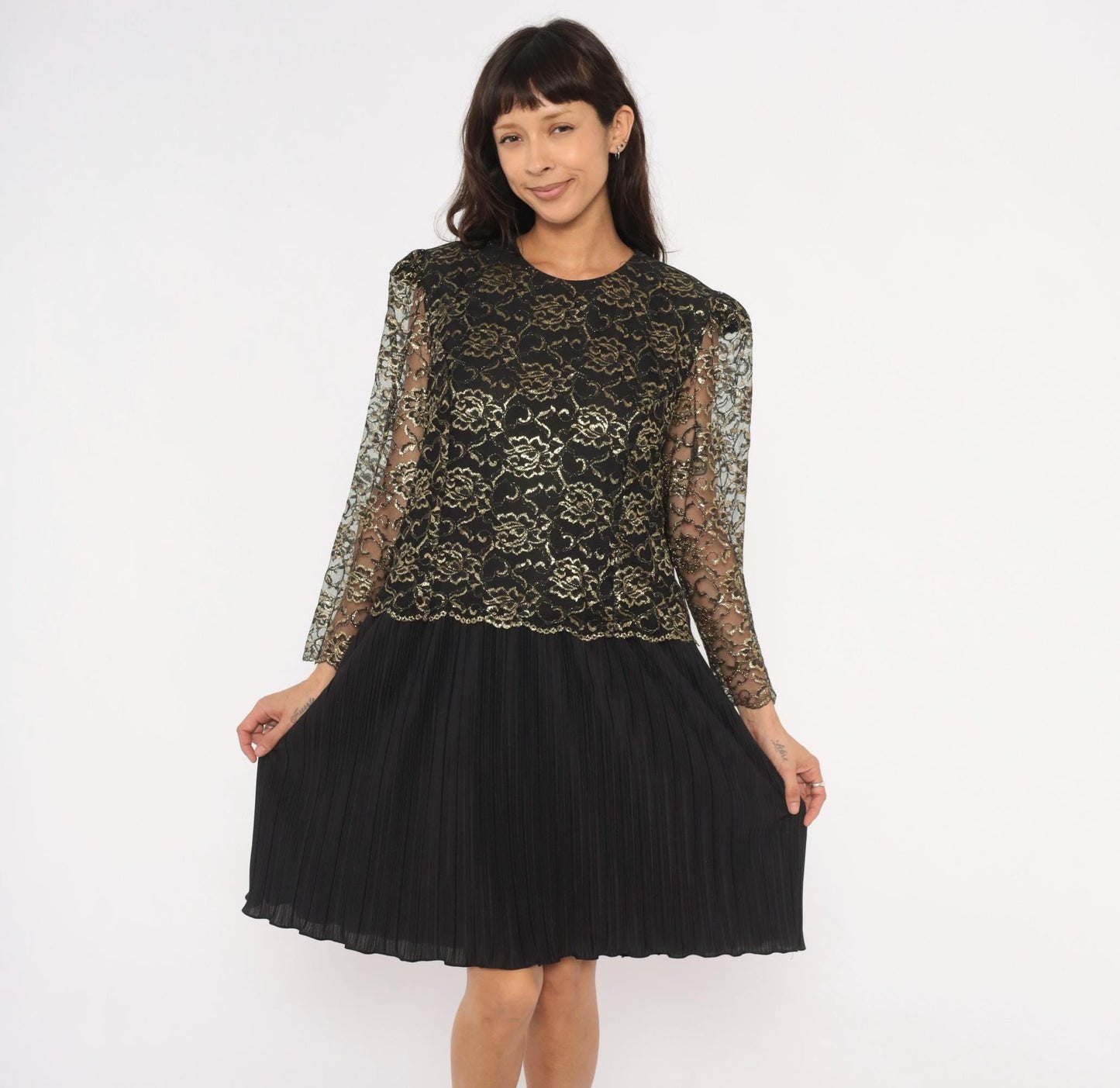 90s Good Times Black Gold Lace Overlay Dress Pleated Skirt Drop Waist Large L