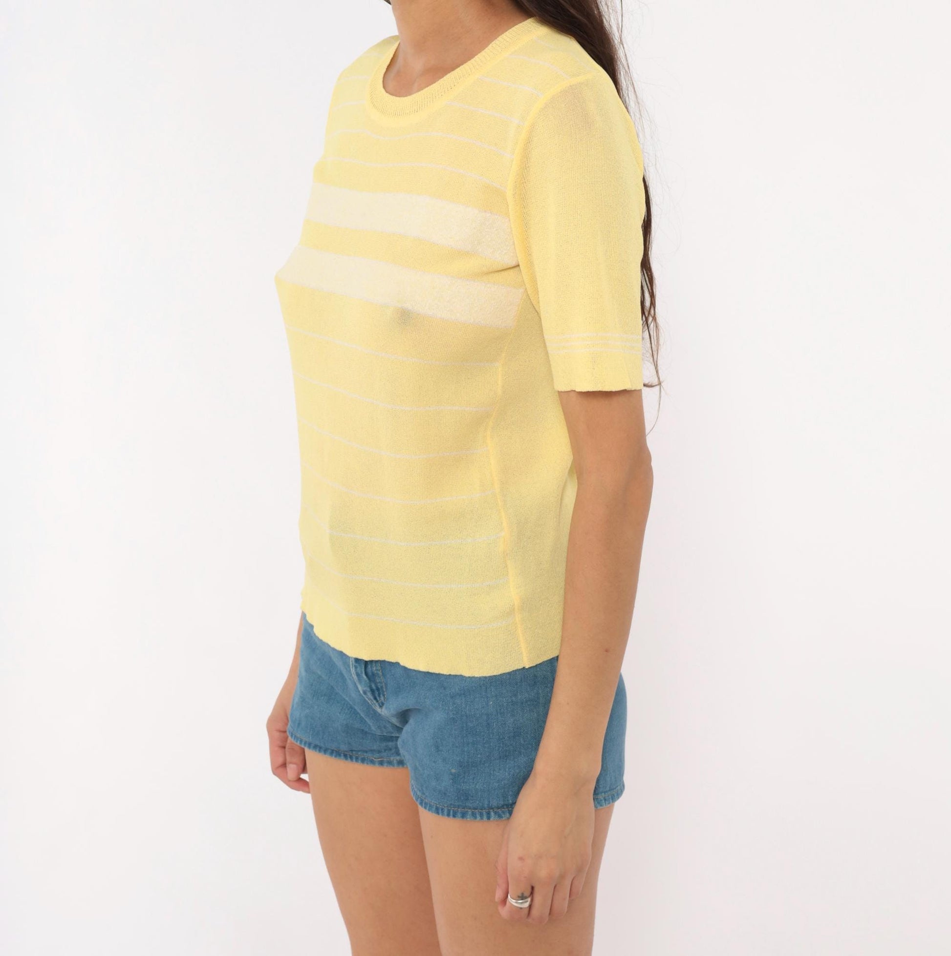 70s Ronfinne Striped Knit Top Yellow White Crew Neck Short Sleeve Small Medium