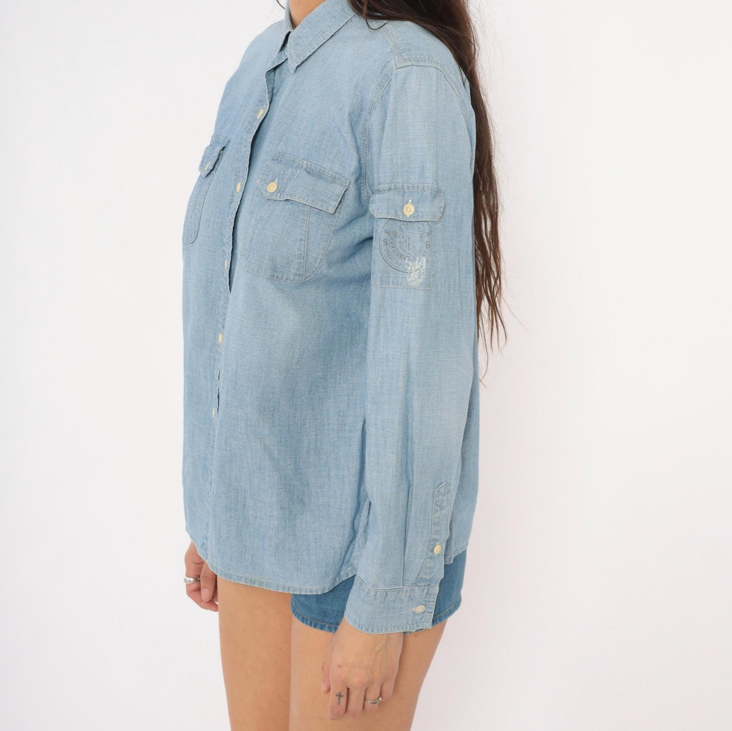 90s Ralph Lauren Jeans Co Chambray Button-Up Shirt Light Blue Cotton Long Sleeve Large L