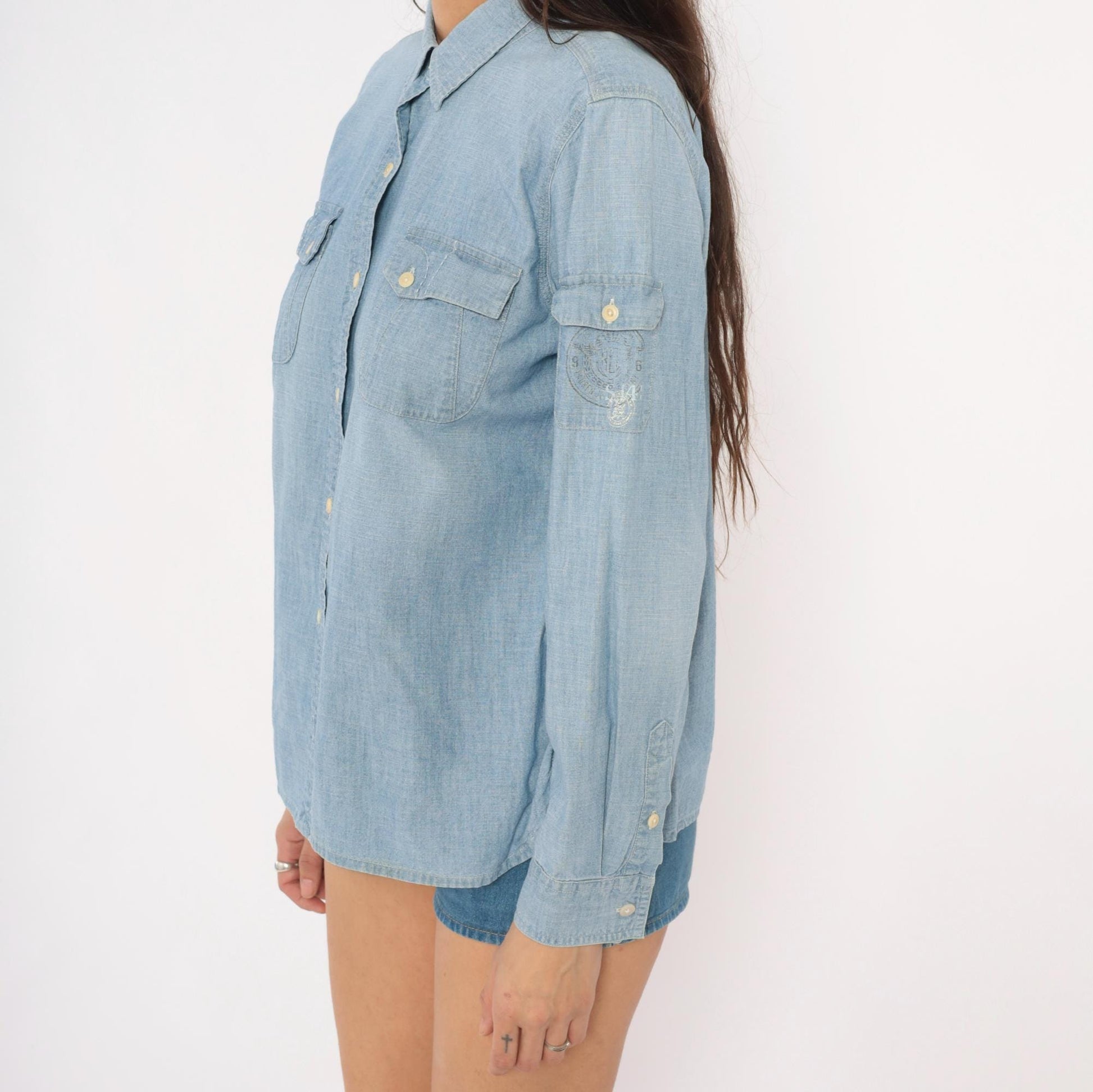 90s Ralph Lauren Jeans Co Chambray Button-Up Shirt Light Blue Cotton Long Sleeve Large L
