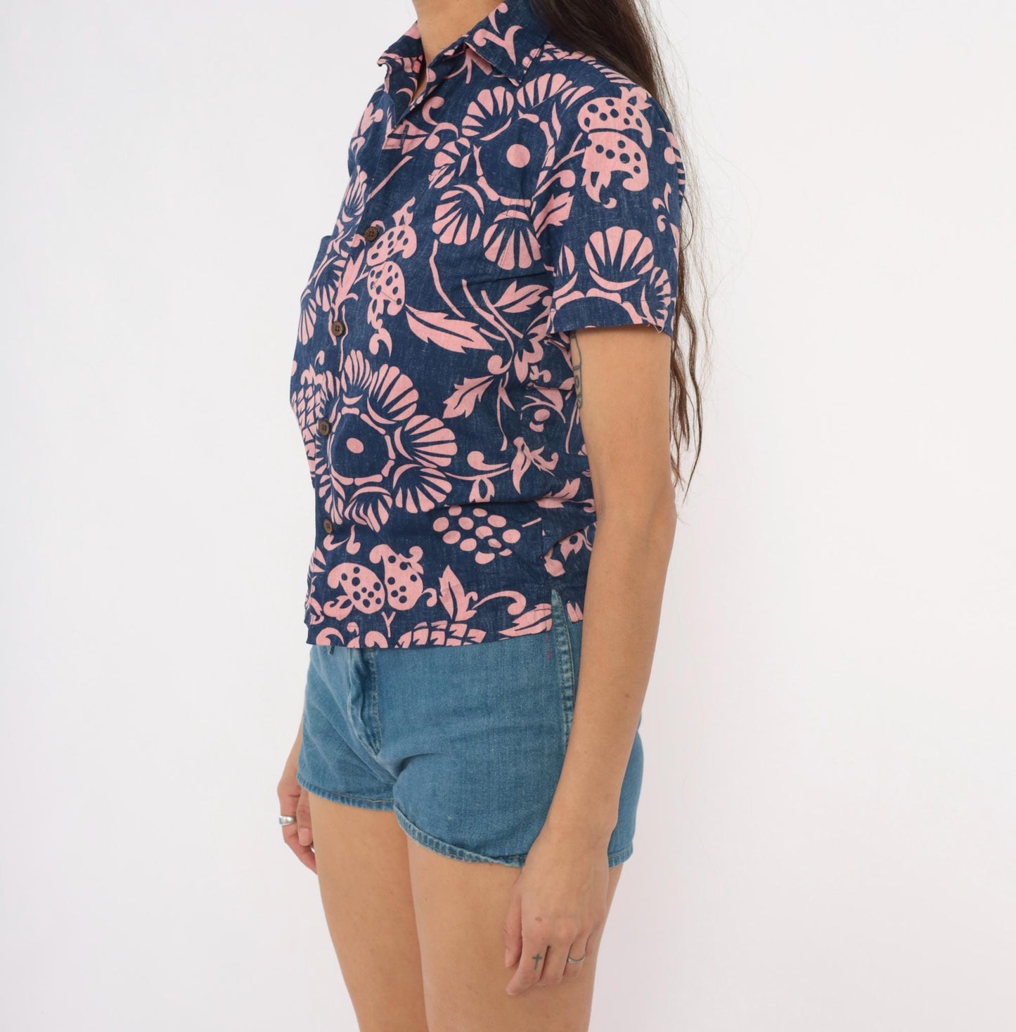 2000s Kahala Hawaiian Floral Shirt Cobalt Blue Pink Cotton XS