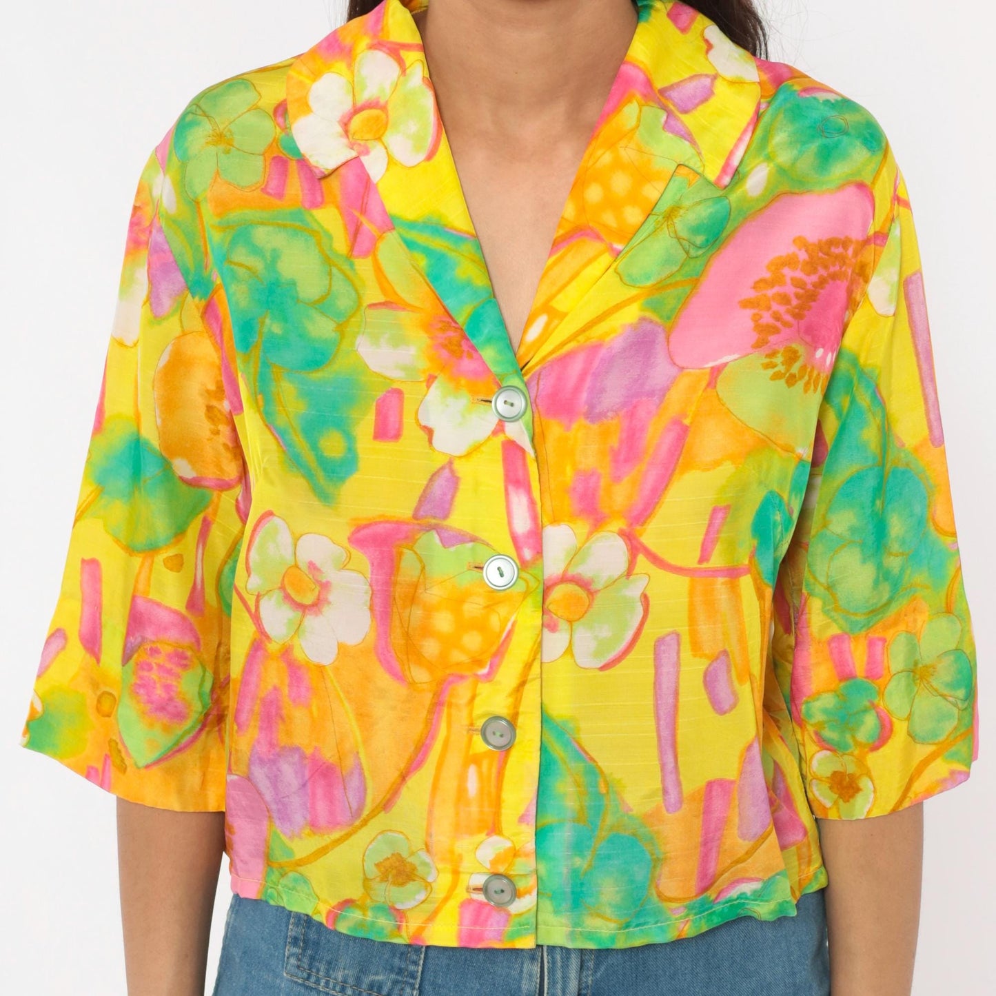70s Alice Watercolor Floral Button Blouse Yellow Pink Green Small Medium