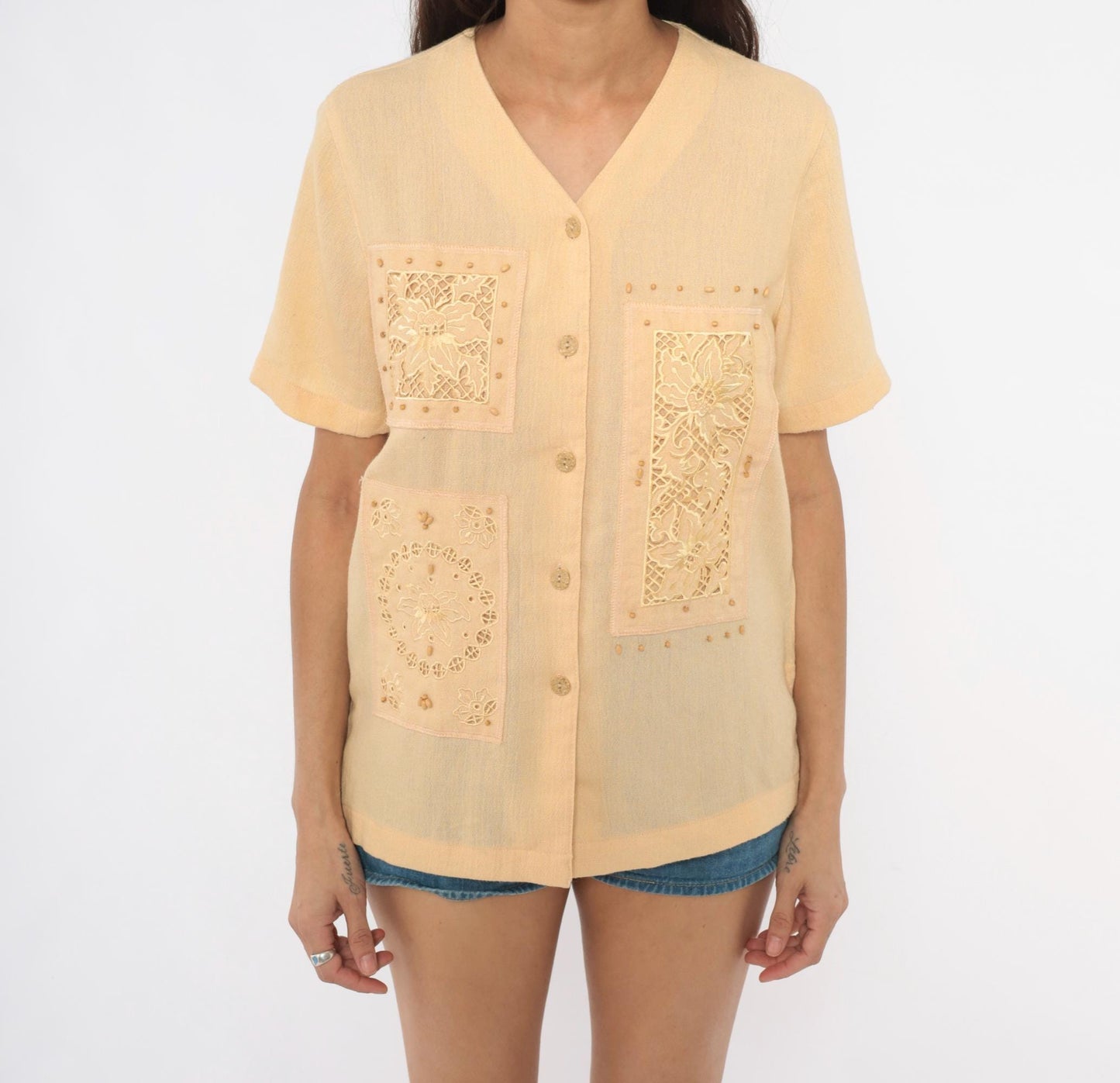 80s Alfred Dunner Cutwork Lace Blouse Cream Floral Embroidered Petite Small