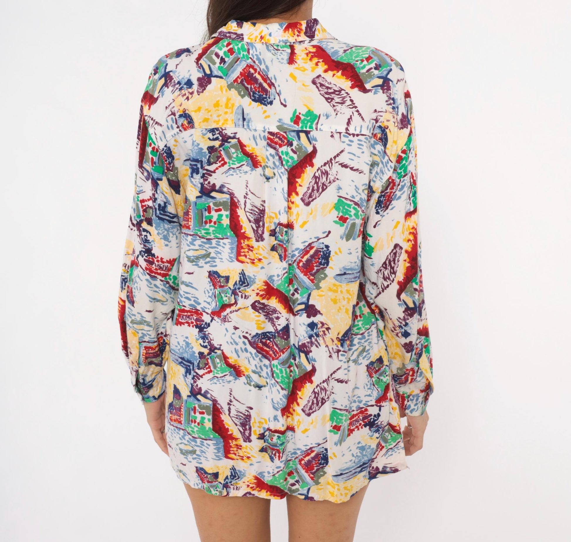 90s Ilio Abstract Painterly Button-Up Blouse Multicolor Camp Collar Medium M