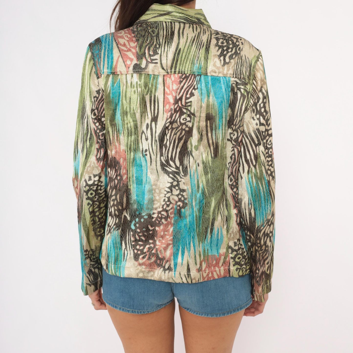 Y2K Sara Studio Animal Print Sequin Blouse Turquoise Olive Medium M